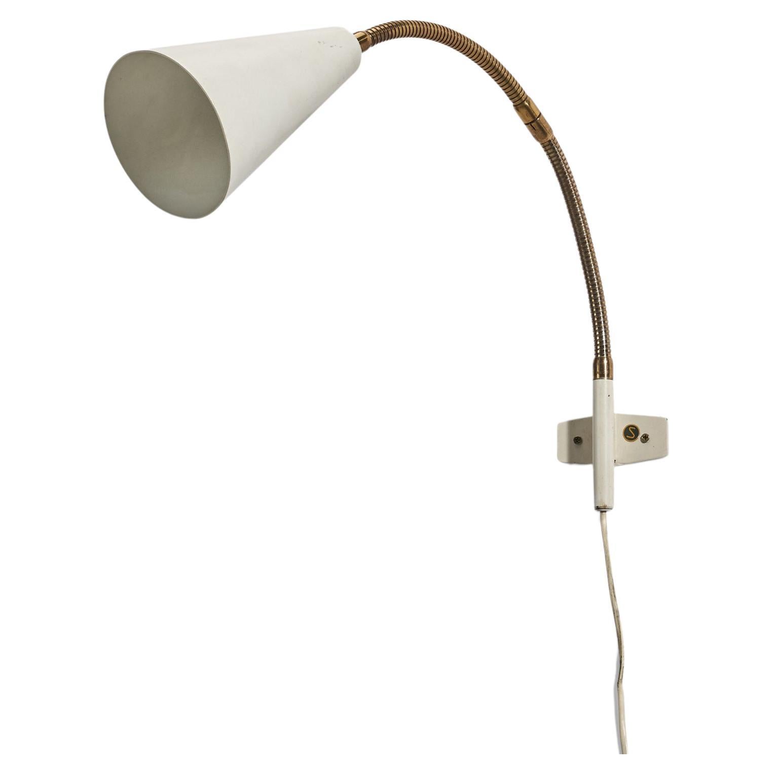 Swedish Designer, Adjustable Wall Light, White Lacquer Metal Brass, Sweden 1940s For Sale