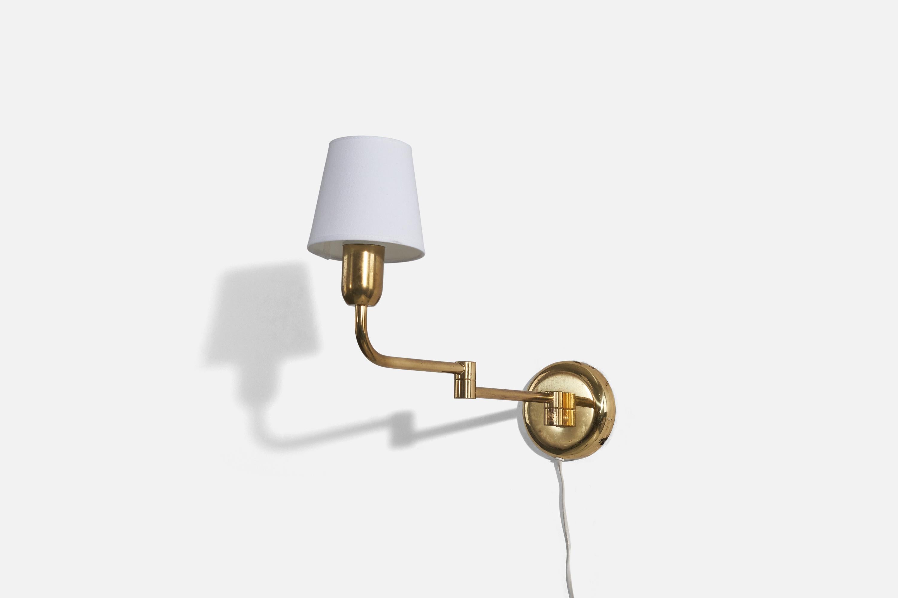Scandinavian Modern Swedish Designer, Adjustable Wall Lights, Brass, Fabric, Sweden, 1960s For Sale