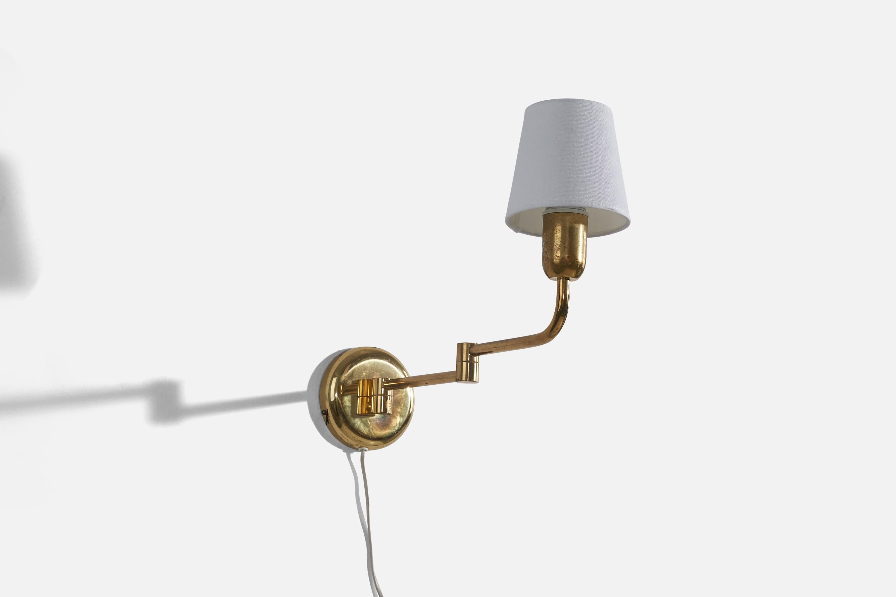 Danish Swedish Designer, Adjustable Wall Lights, Brass, Fabric, Sweden, 1960s For Sale