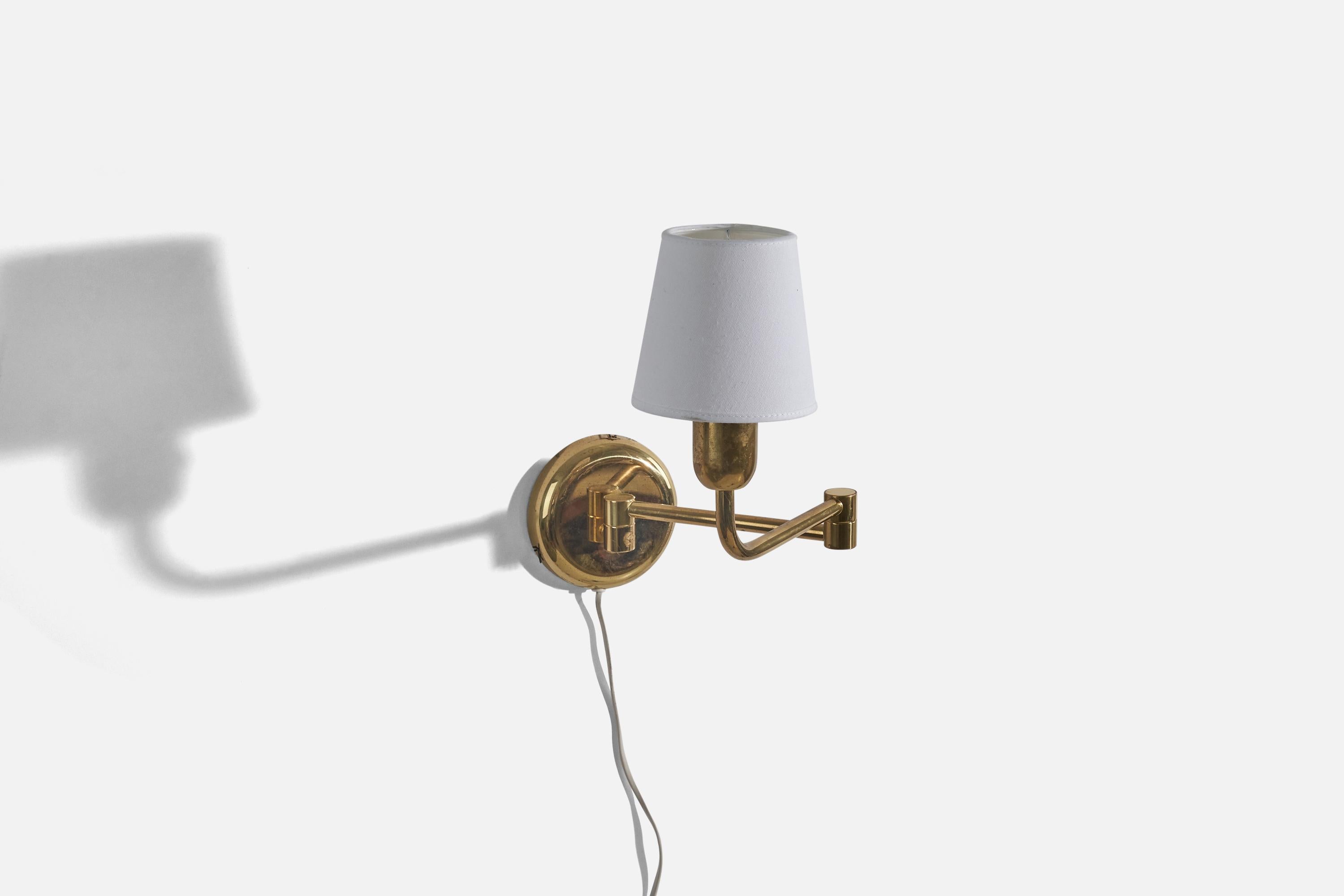 Swedish Designer, Adjustable Wall Lights, Brass, Fabric, Sweden, 1960s In Good Condition For Sale In High Point, NC