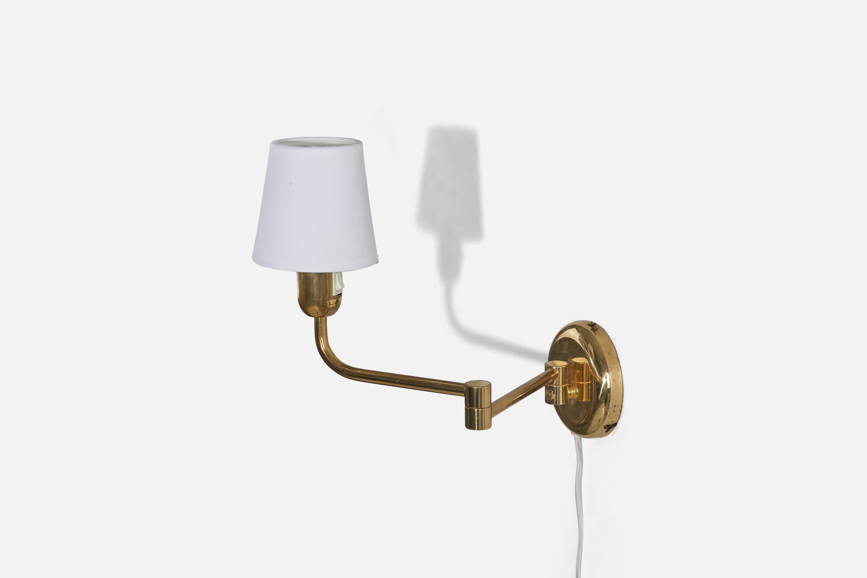 Mid-20th Century Swedish Designer, Adjustable Wall Lights, Brass, Fabric, Sweden, 1960s For Sale