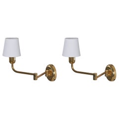 Vintage Swedish Designer, Adjustable Wall Lights, Brass, Fabric, Sweden, 1960s