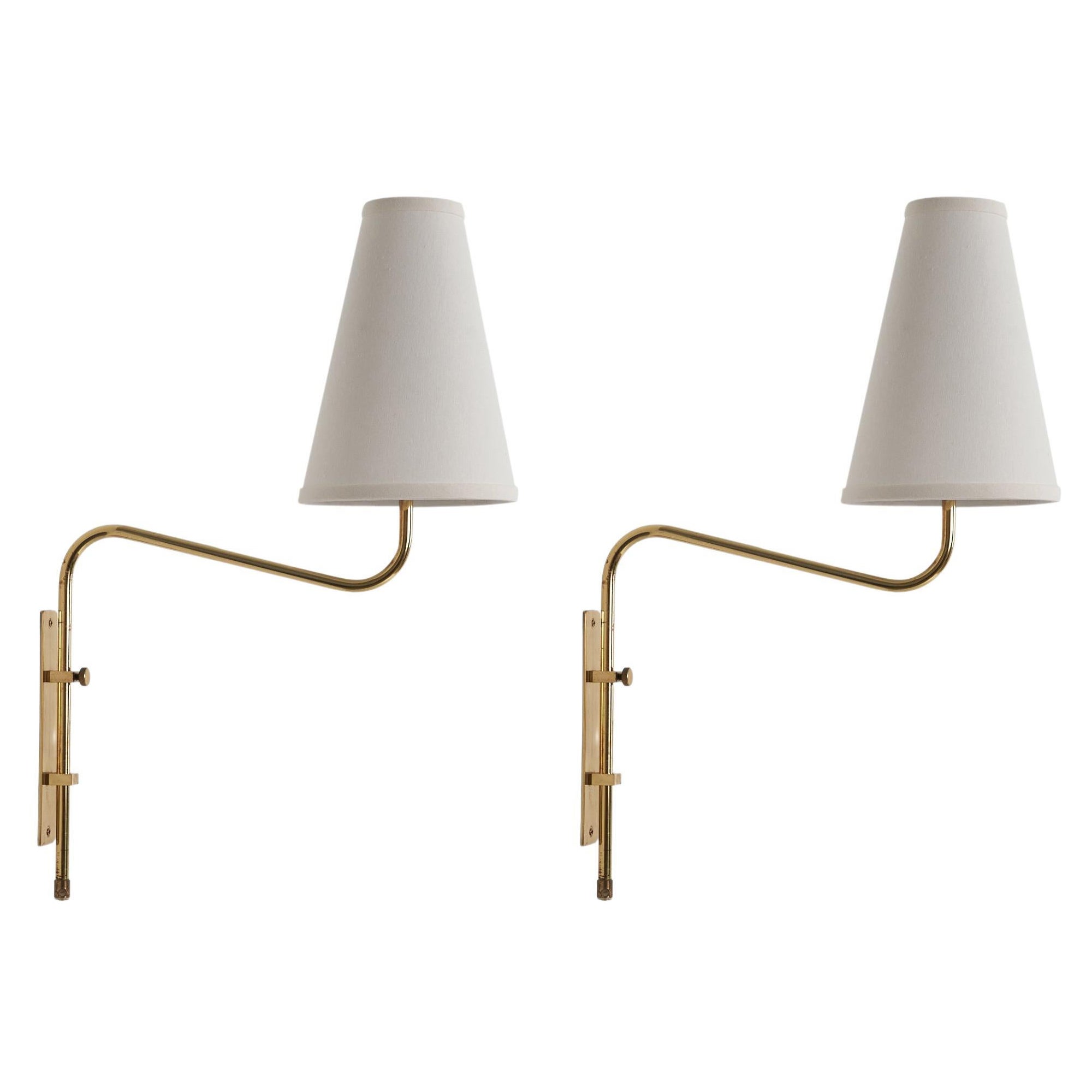 Swedish Designer, Adjustable Wall Lights, Brass, Fabric, Sweden, 1960s