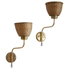 Swedish Designer, Adjustable Wall Lights, Brass, Rattan, Sweden, 1970s