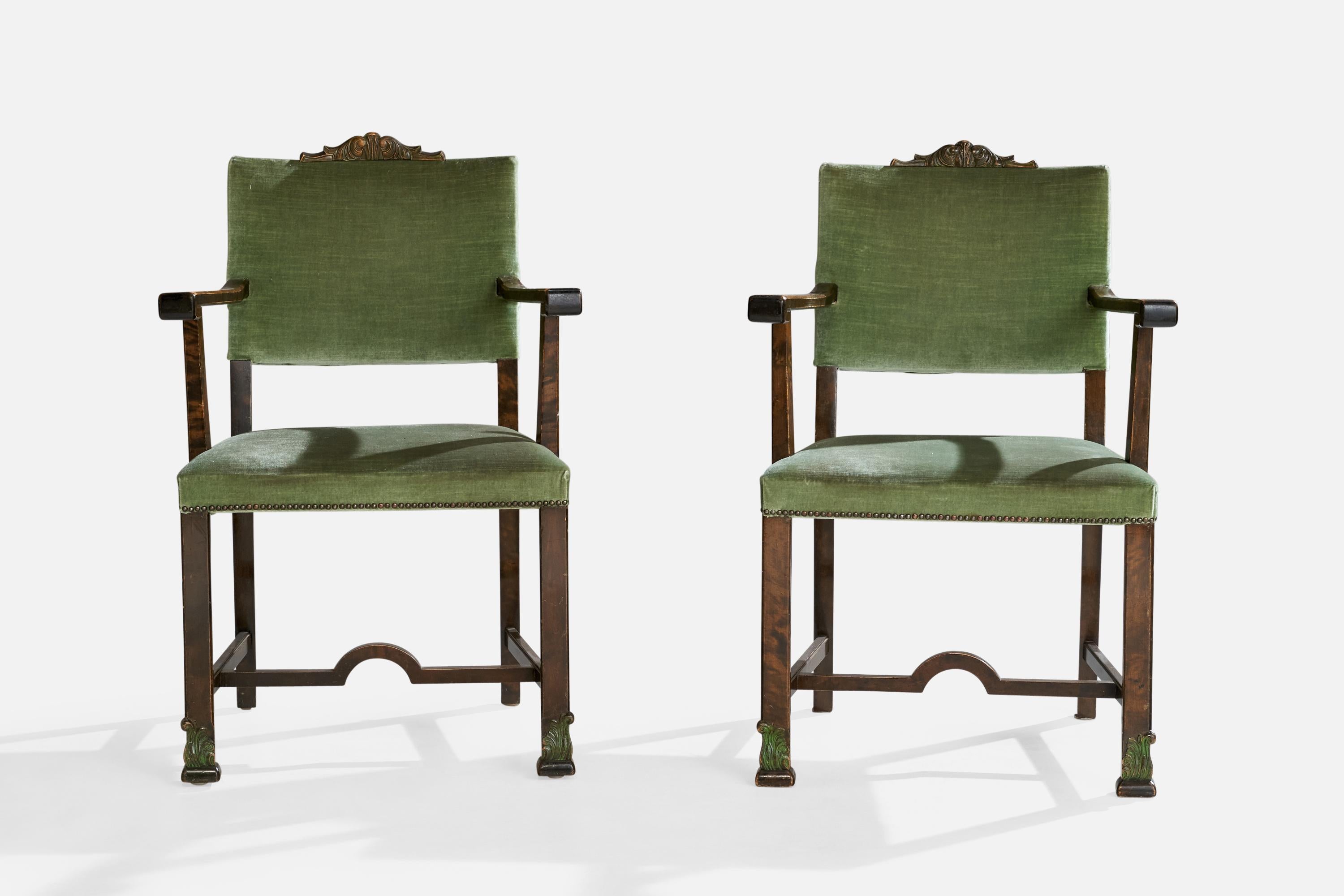 Milieu du XXe siècle Designer suédois, fauteuils, bouleau, velours, Suède, années 1930 en vente