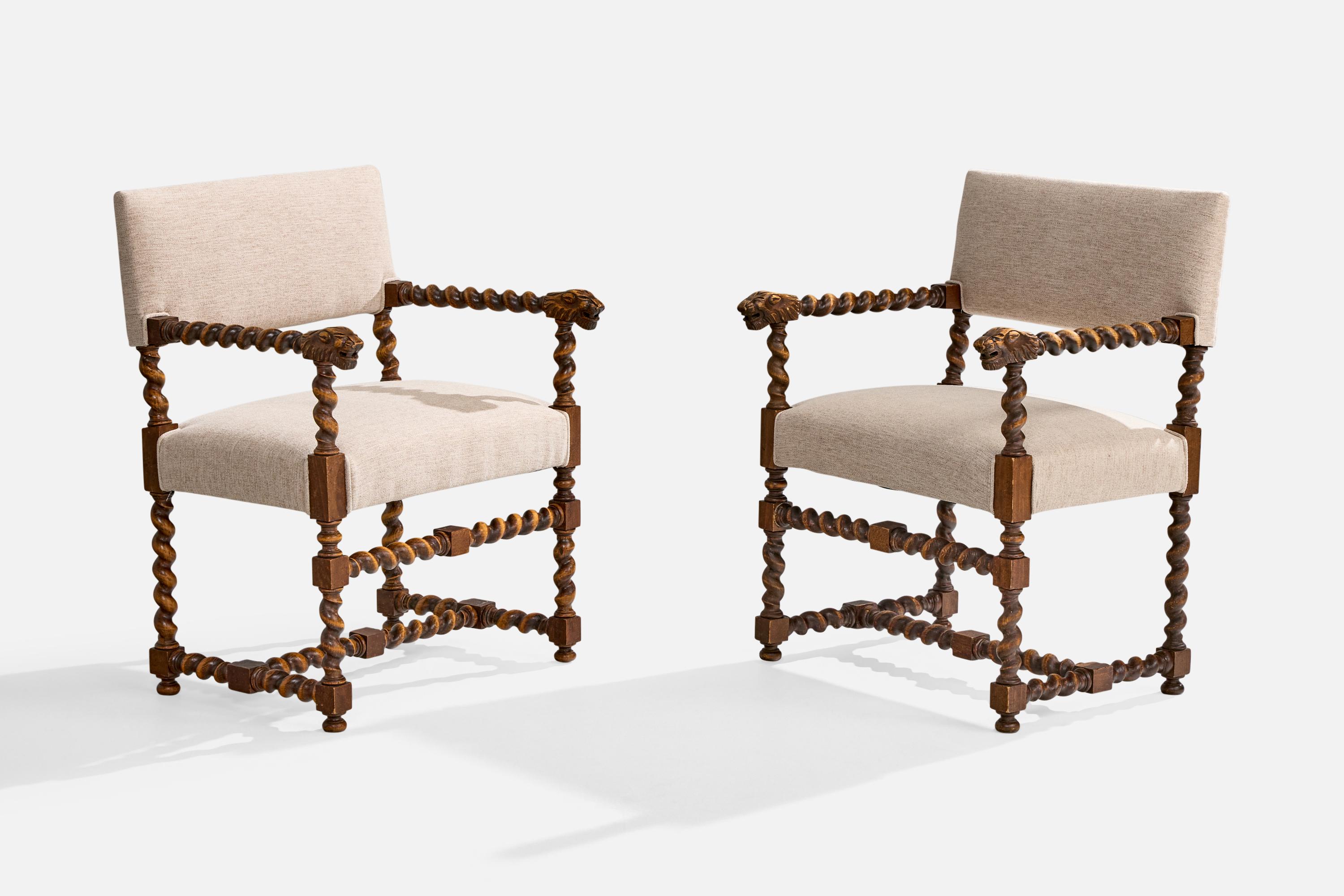 Paire de fauteuils en chêne teinté et tissu blanc cassé, conçus et fabriqués en Suède, années 1900.

Dimensions globales (pouces) : 34.0 