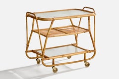 Swedish Designer, Bar Cart, Bamboo, Rattan, Glass, Metal, Sweden, 1950s