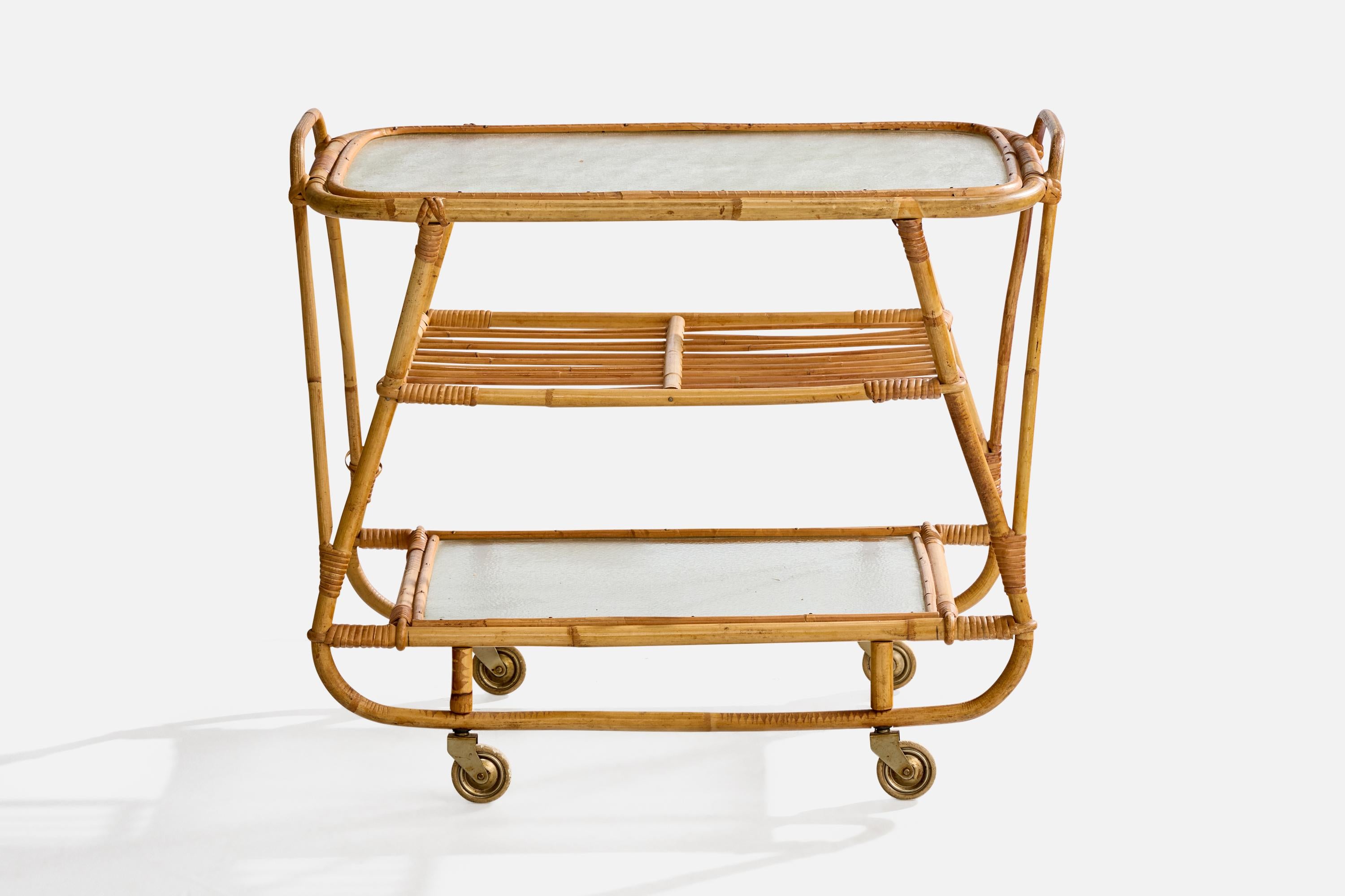 Mid-Century Modern Swedish Designer, Bar Cart, Bamboo, Rattan, Glass, Metal, Sweden, 1950s For Sale