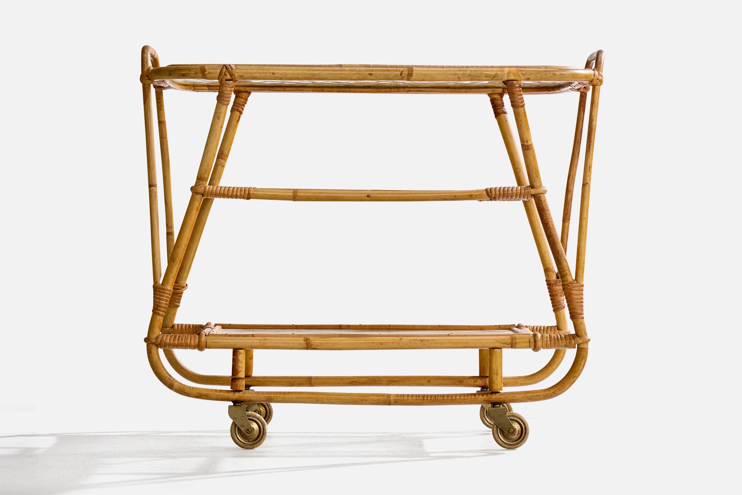 Swedish Designer, Bar Cart, Bamboo, Rattan, Glass, Metal, Sweden, 1950s In Good Condition For Sale In High Point, NC
