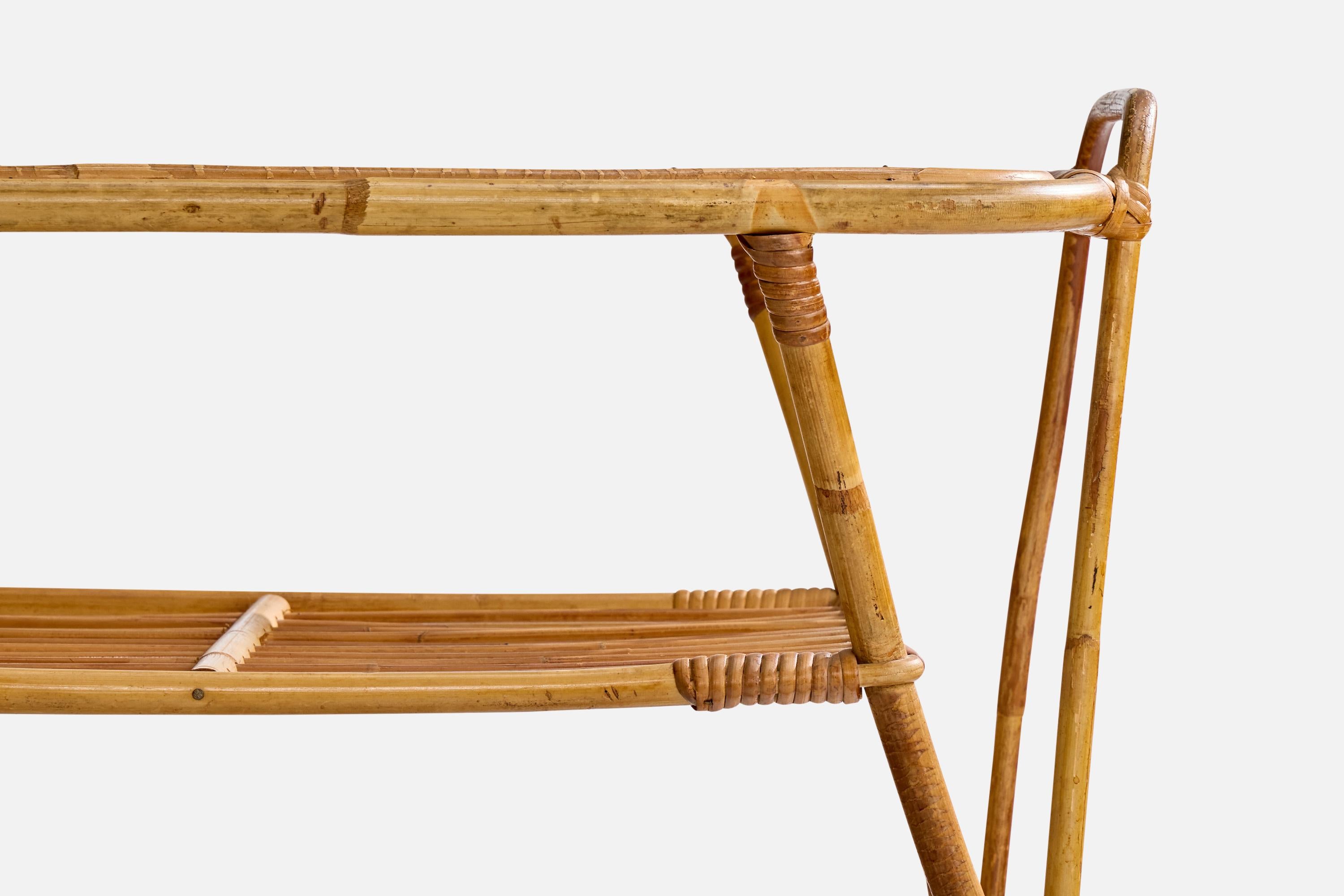 Mid-20th Century Swedish Designer, Bar Cart, Bamboo, Rattan, Glass, Metal, Sweden, 1950s For Sale