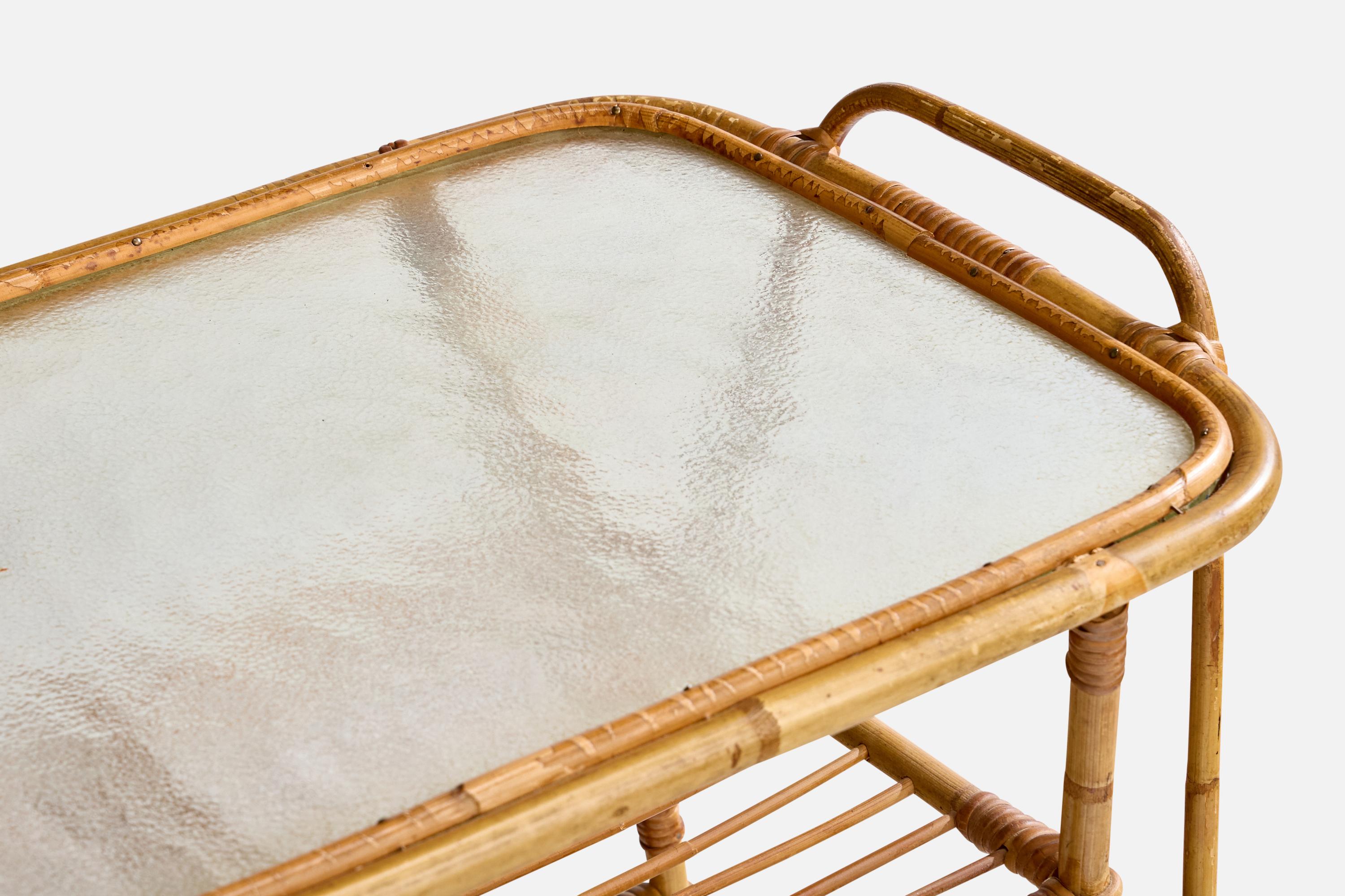 Swedish Designer, Bar Cart, Bamboo, Rattan, Glass, Metal, Sweden, 1950s For Sale 1