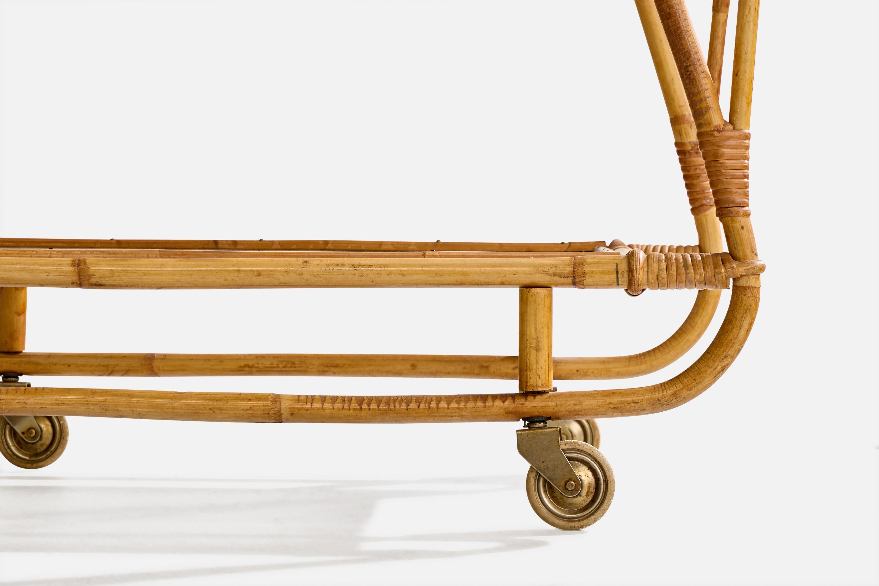 Swedish Designer, Bar Cart, Bamboo, Rattan, Glass, Metal, Sweden, 1950s For Sale 2