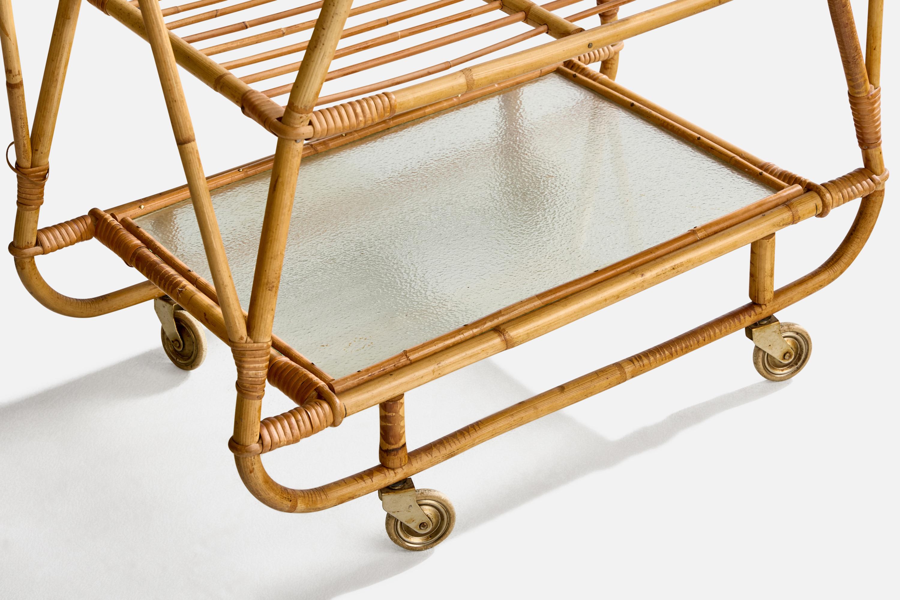 Swedish Designer, Bar Cart, Bamboo, Rattan, Glass, Metal, Sweden, 1950s For Sale 3