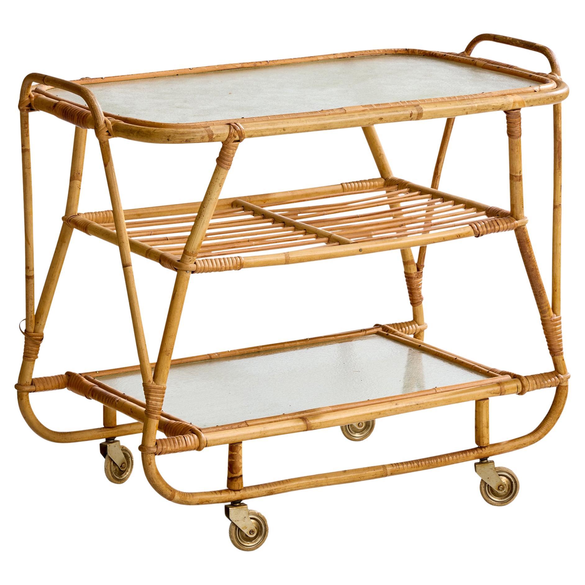 Swedish Designer, Bar Cart, Bamboo, Rattan, Glass, Metal, Sweden, 1950s For Sale