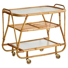 Swedish Designer, Bar Cart, Bamboo, Rattan, Glass, Metal, Sweden, 1950s