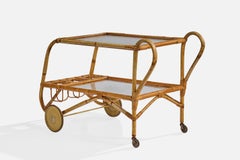 Swedish Designer, Bar Cart, Bamboo, Rattan, Glass, Sweden, 1950s