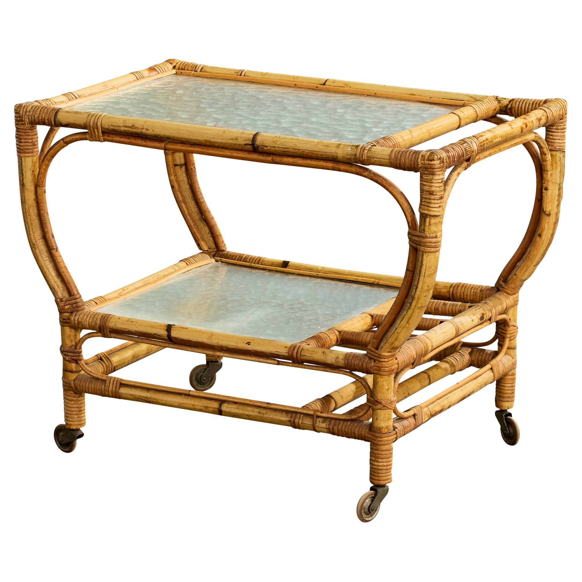 Swedish Designer, Bar Cart, Bamboo, Rattan, Glass, Sweden, 1950s