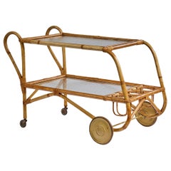 Swedish Designer, Bar Cart, Bamboo, Rattan, Glass, Sweden, 1950s