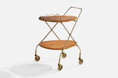 Designer suédois, chariot de bar, laiton, Oak, Suède, années 1950