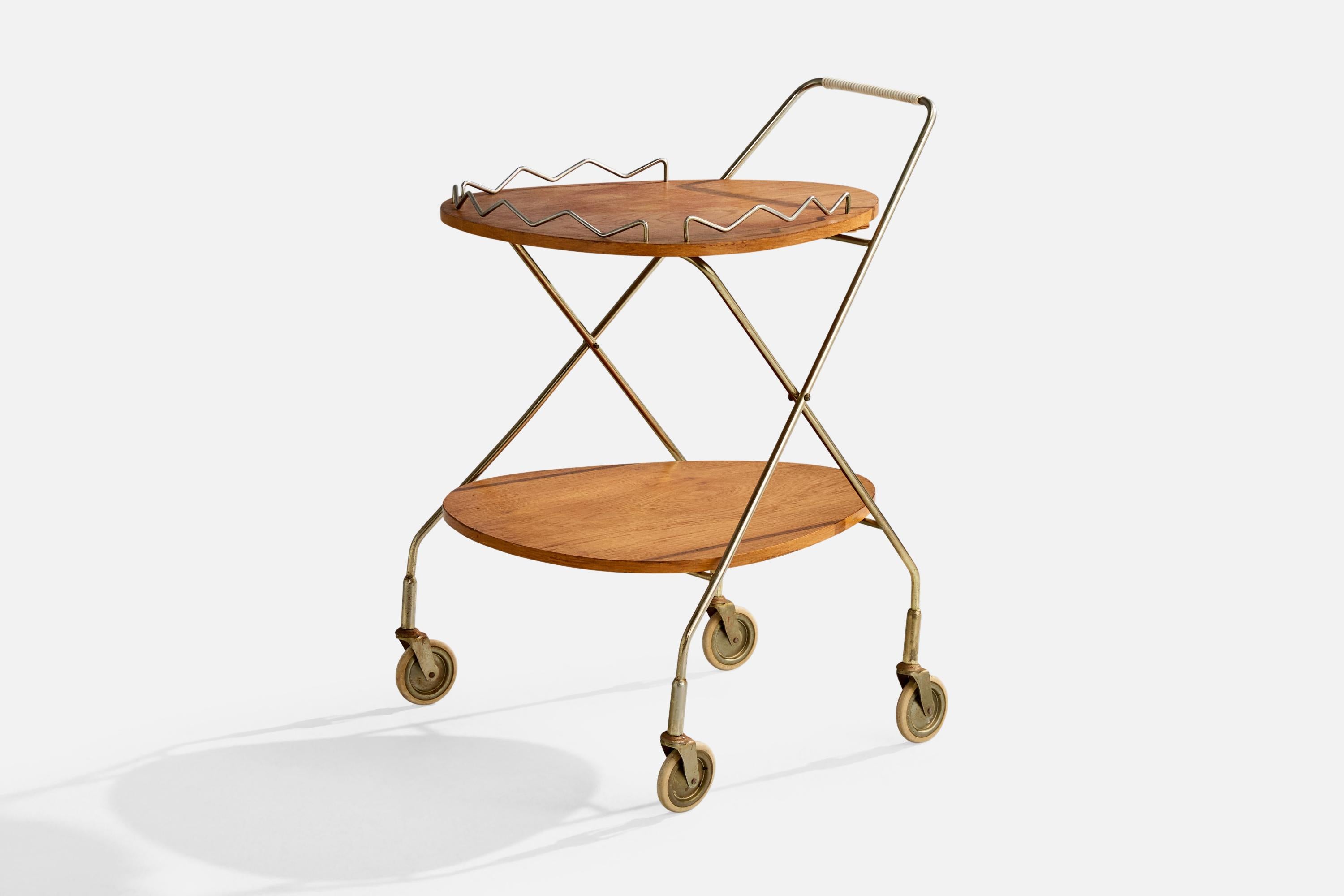 Mid-Century Modern Swedish Designer, Bar Cart, Brass, Oak, Sweden, 1950s For Sale