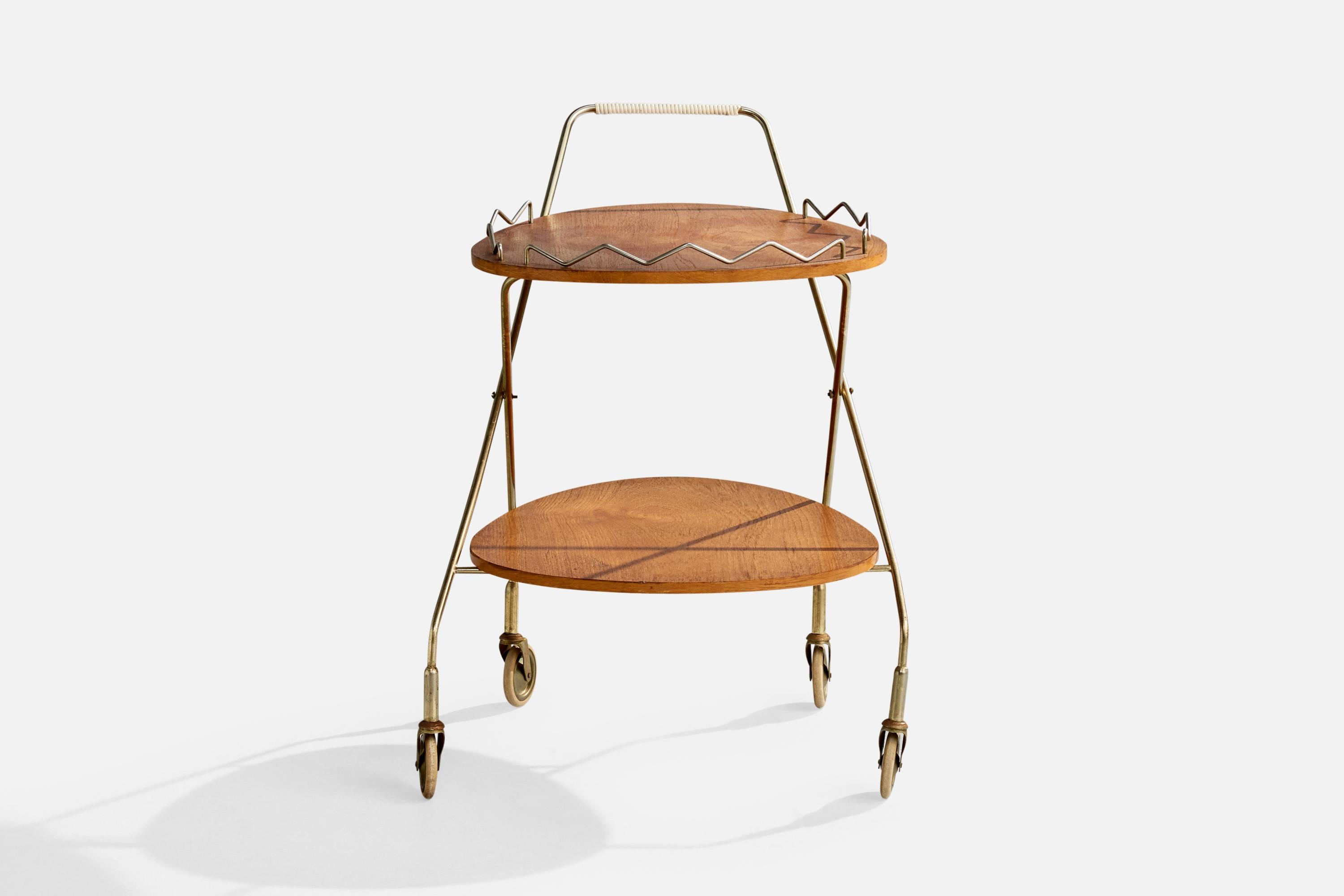 Swedish Designer, Bar Cart, Brass, Oak, Sweden, 1950s In Good Condition For Sale In High Point, NC
