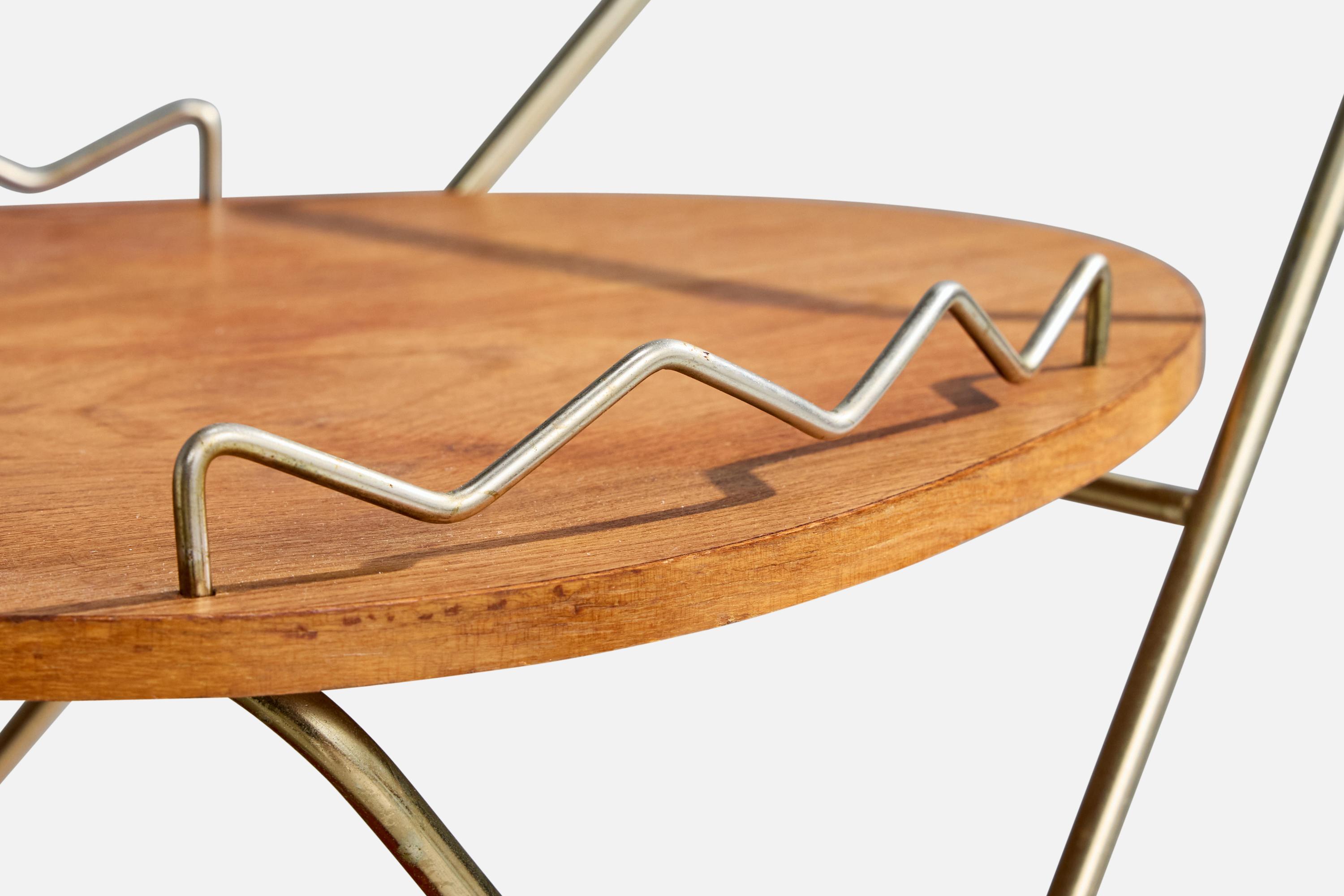 Swedish Designer, Bar Cart, Brass, Oak, Sweden, 1950s For Sale 3
