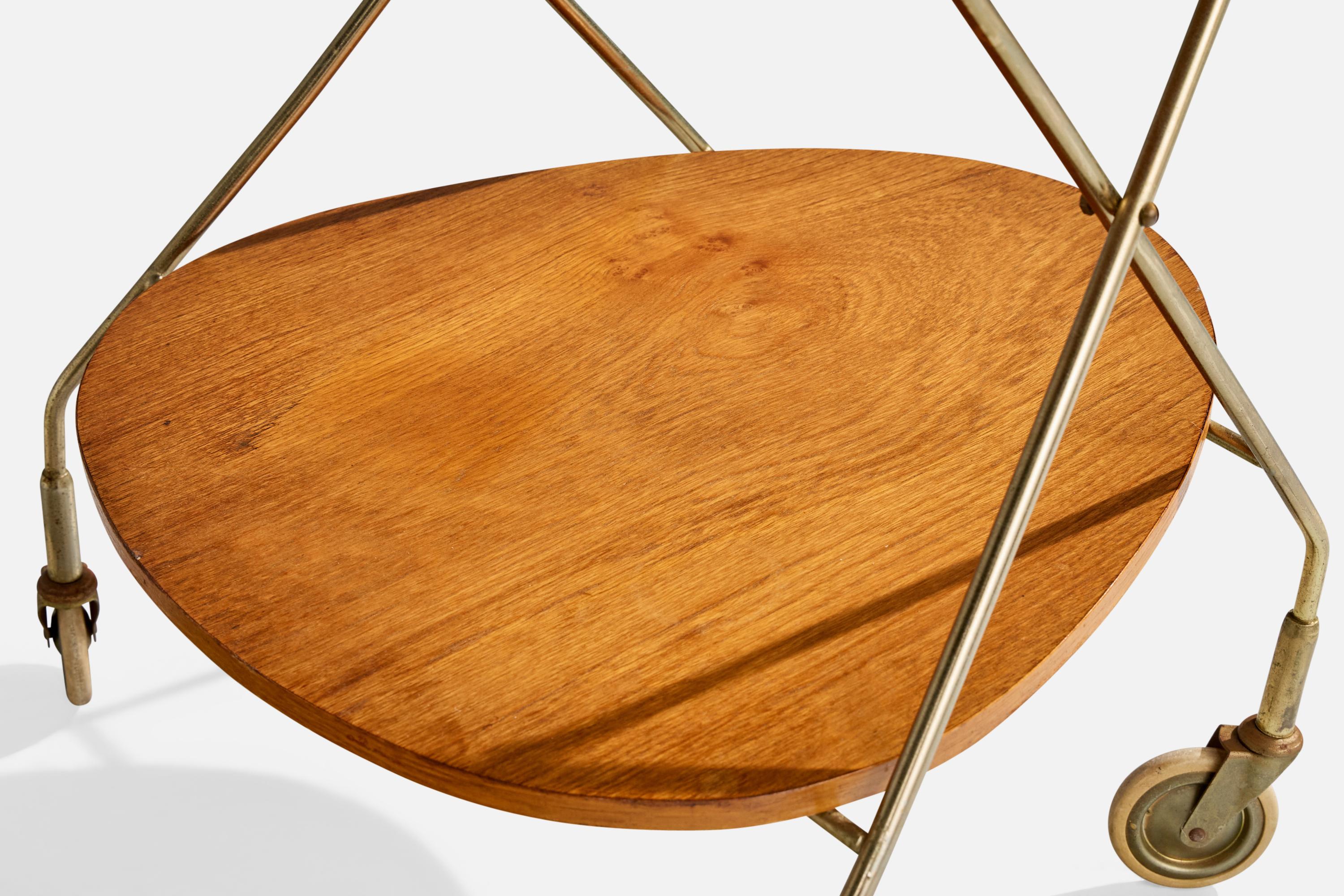 Swedish Designer, Bar Cart, Brass, Oak, Sweden, 1950s For Sale 4