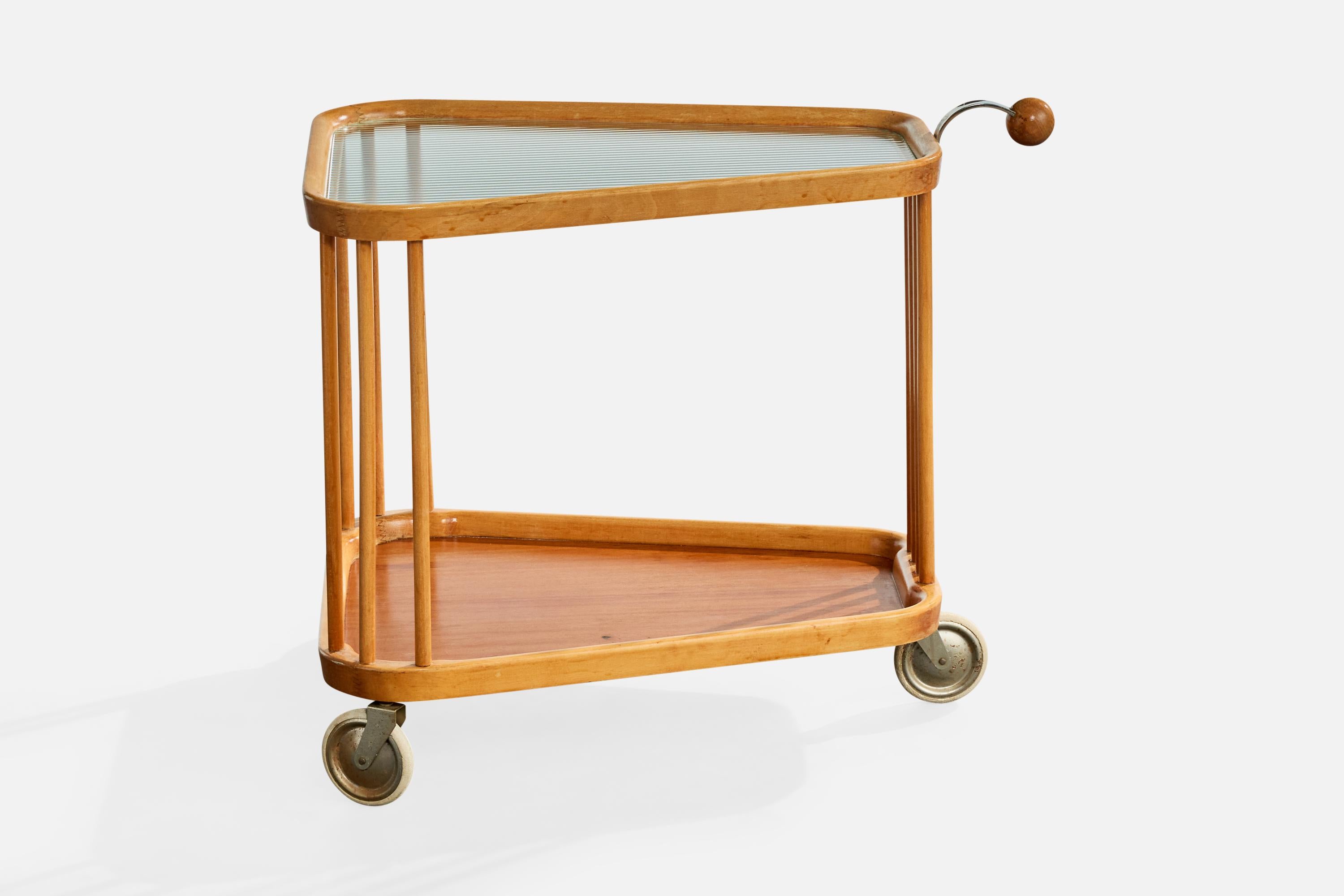 Scandinave moderne Designer suédois, chariot de bar, Wood, verre, métal, Suède, années 1930 en vente