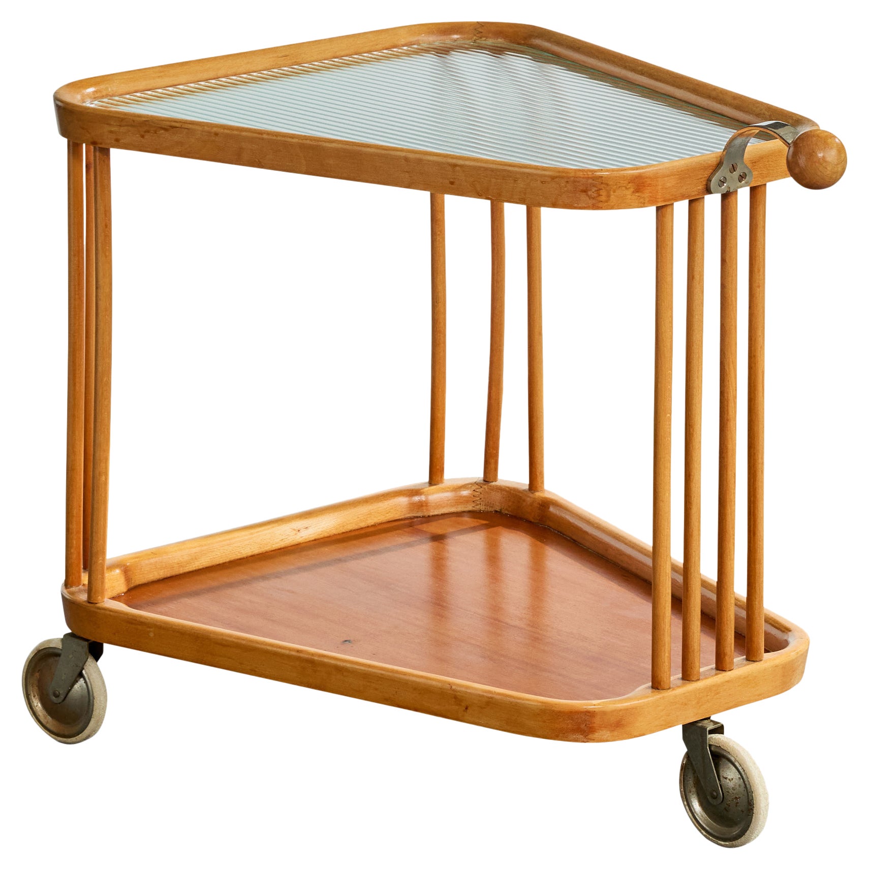 Swedish Designer, Bar Cart, Wood, Glass, Metal, Sweden, 1930s
