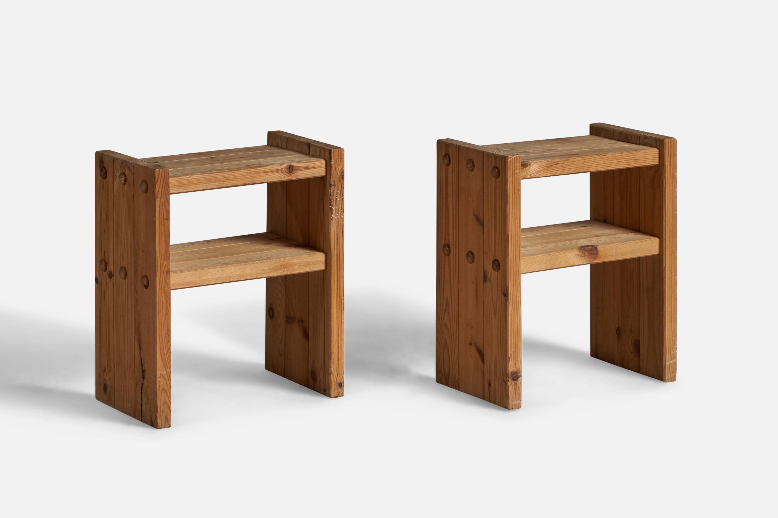 A pair of solid pine nightstands or bedside tables, designed and produced in Sweden, 1970s.