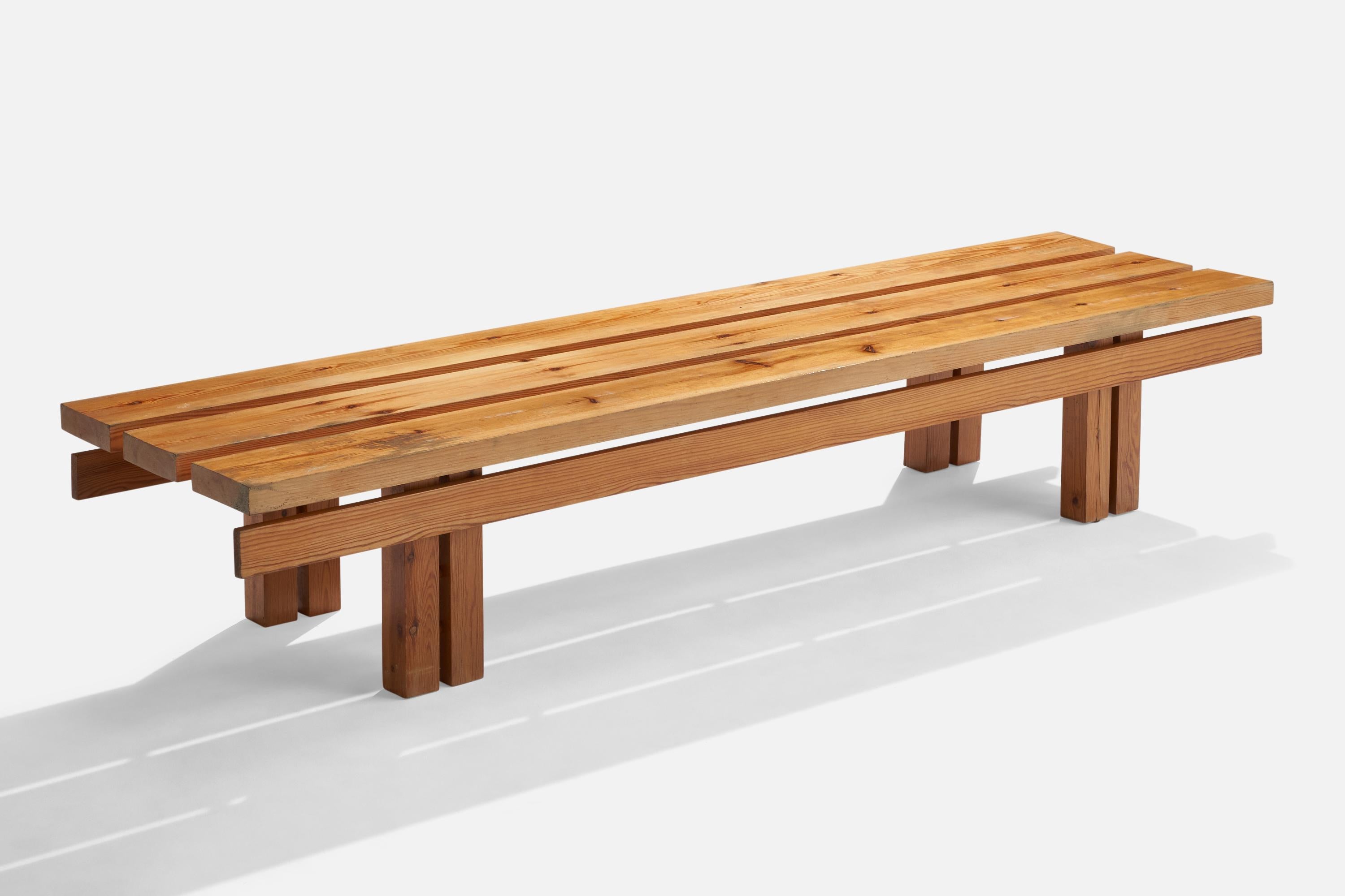 A pine bench designed and produced in Sweden, 1970s.

Seat height 13.5”