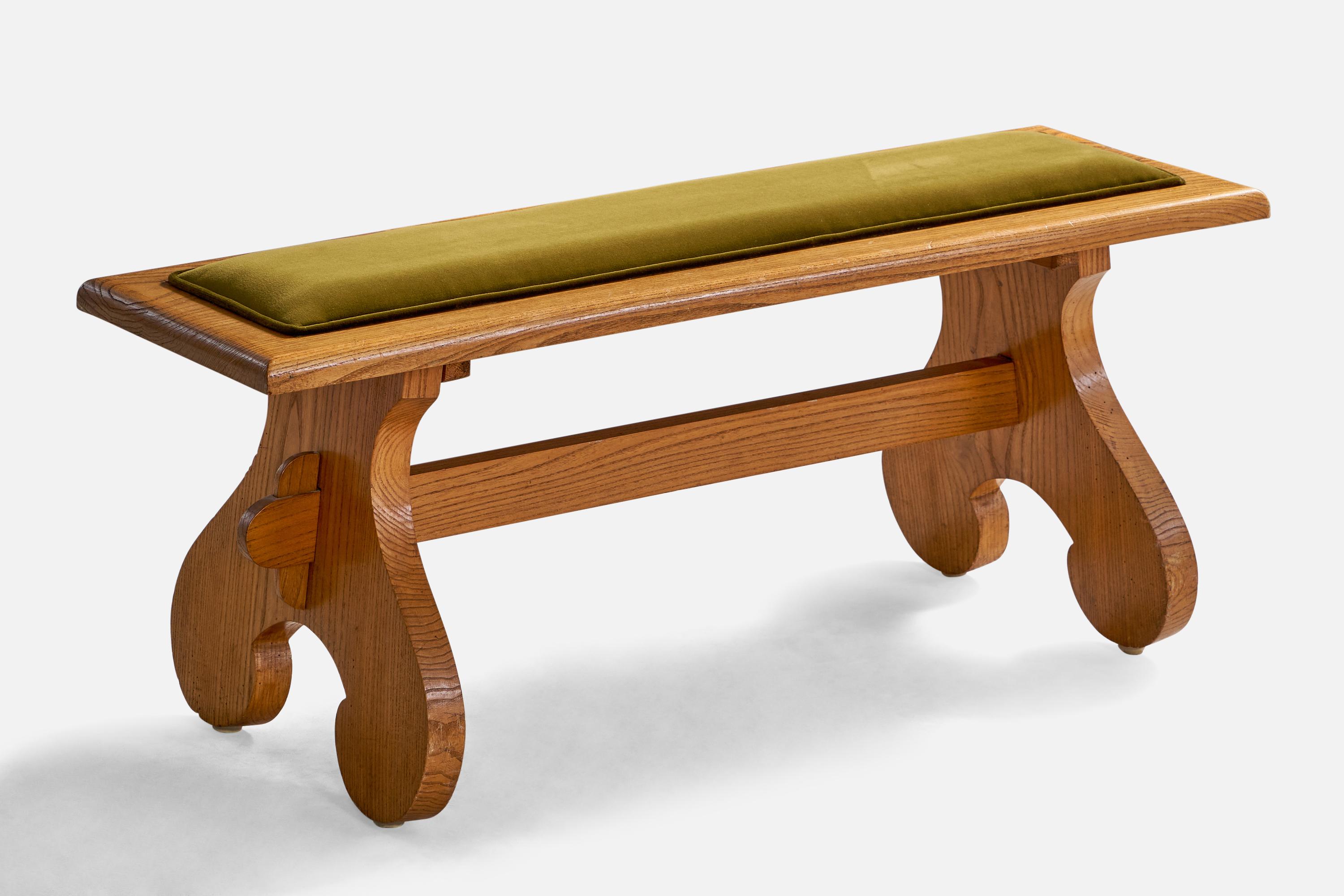 A pine and green velvet fabric bench designed and produced in Sweden, c. 1940s.

Seat height: 18”