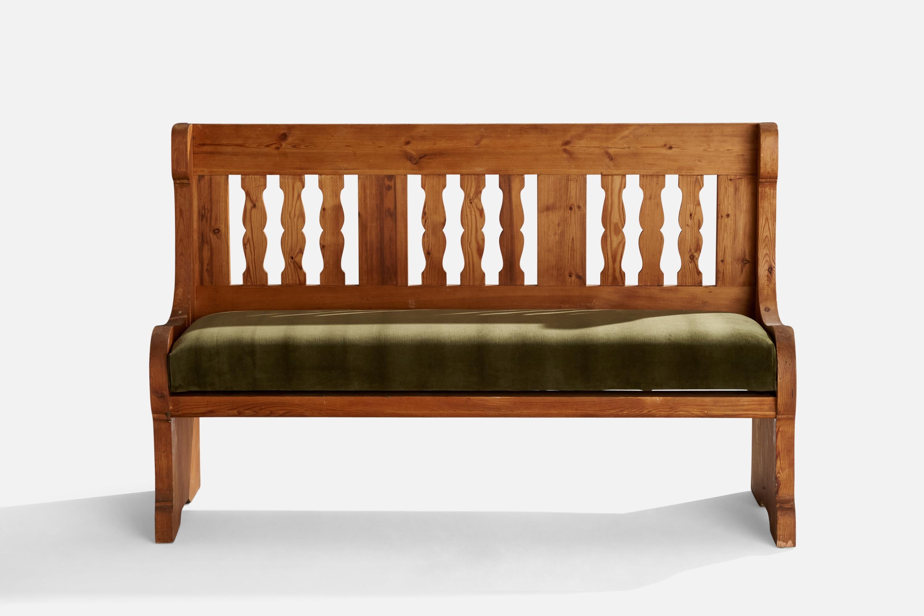 Mid-20th Century Swedish Designer, Bench, Pine, Velvet, Sweden, 1960s For Sale