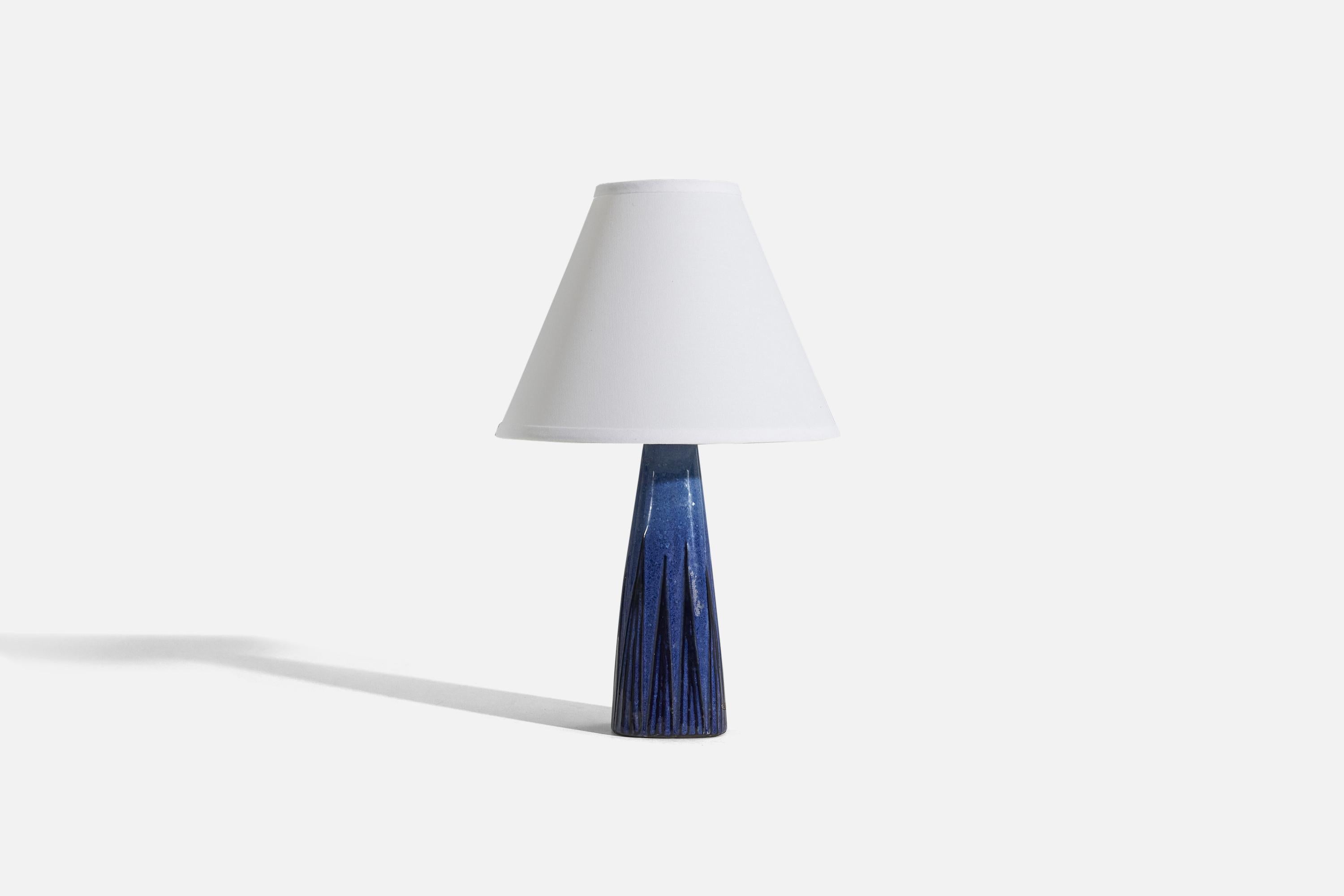 Mid-Century Modern Swedish Designer, Blue Table Lamp, Glazed Stoneware, Sweden, c. 1960s For Sale