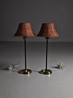 Lampade da tavolo di design svedese in ottone e pelle, Falkenberg, anni '60