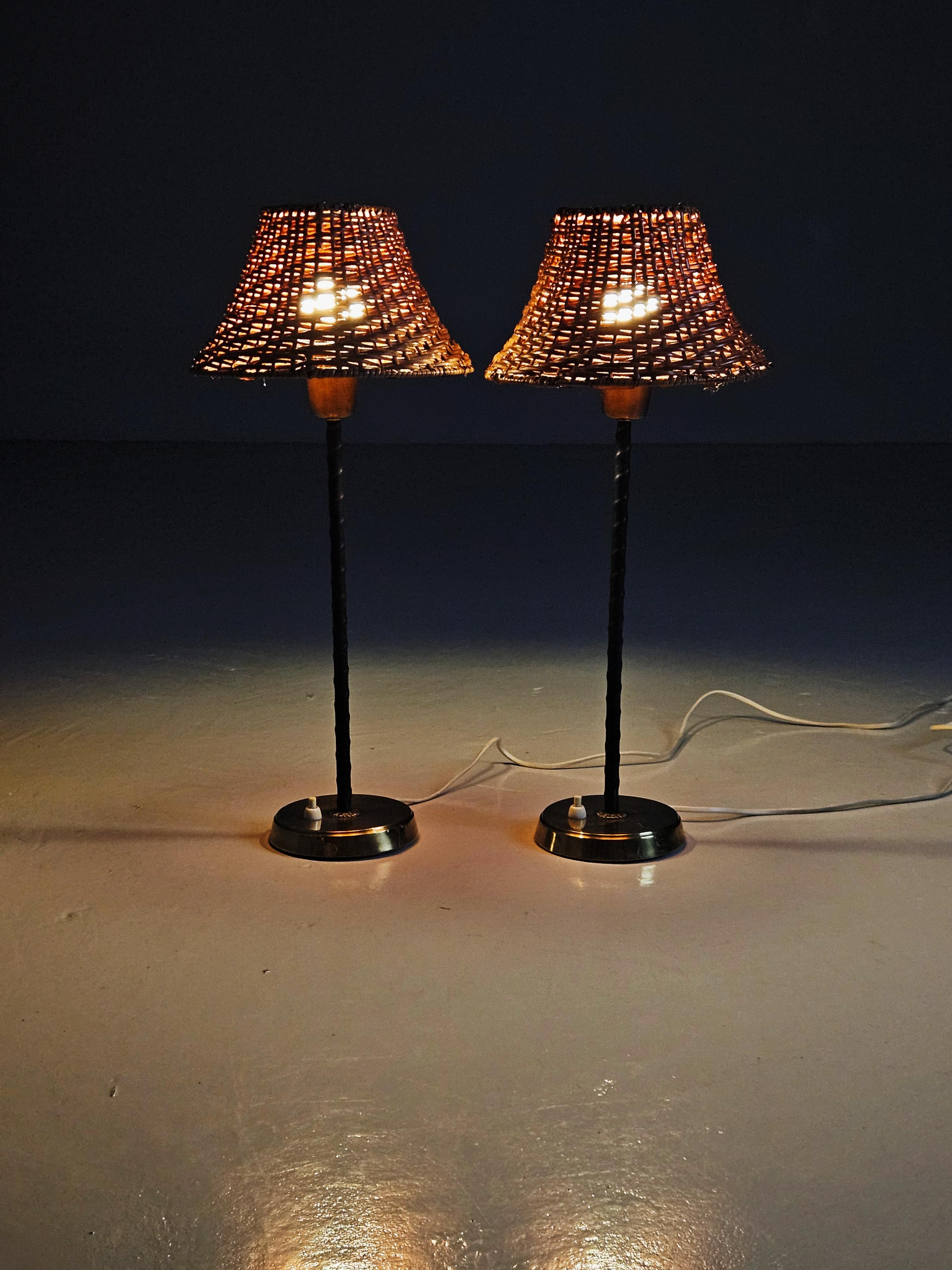20th Century Swedish designer brass and leather table lamps, Falkenberg, 1960s For Sale