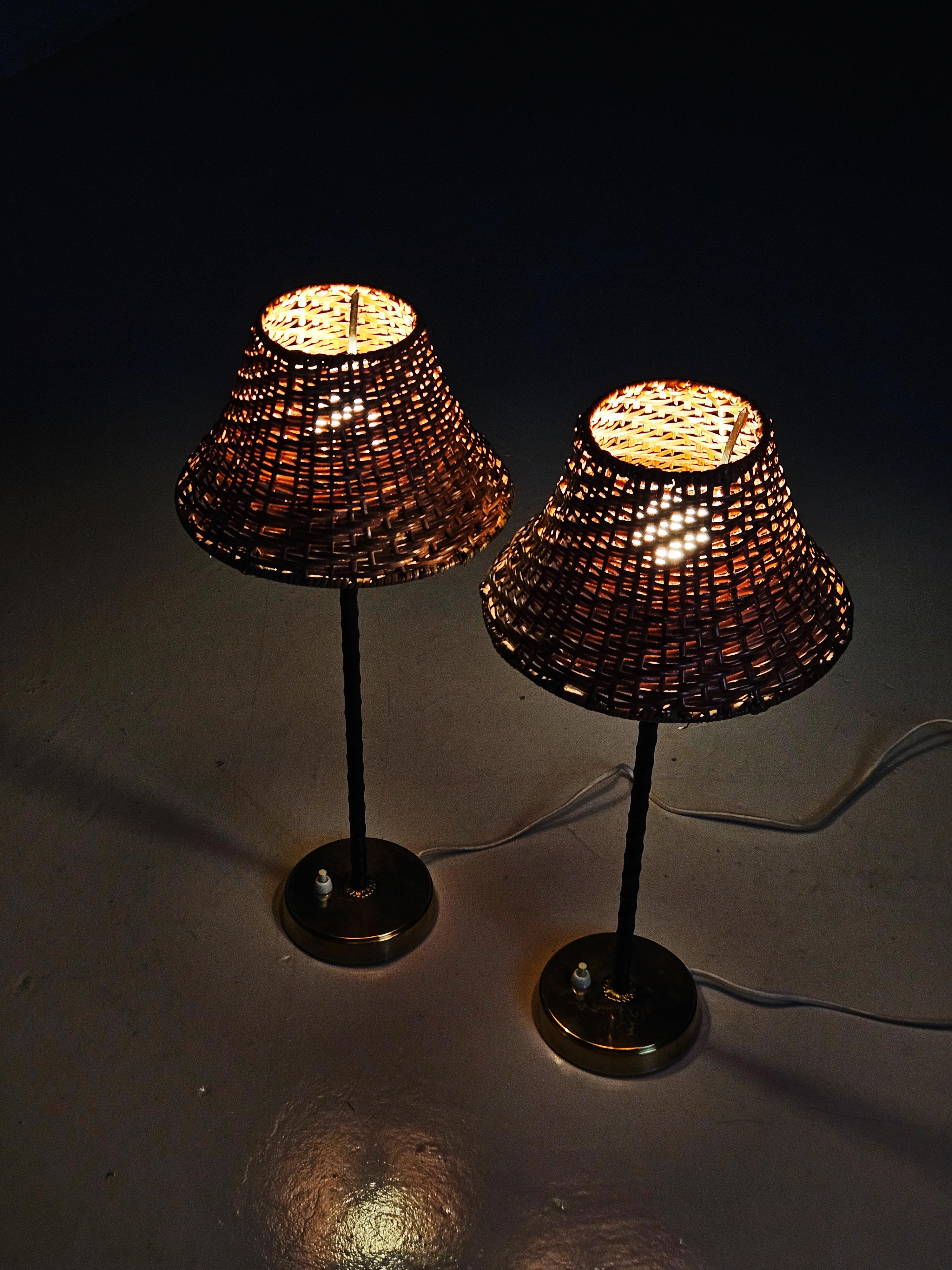Brass Swedish designer brass and leather table lamps, Falkenberg, 1960s For Sale