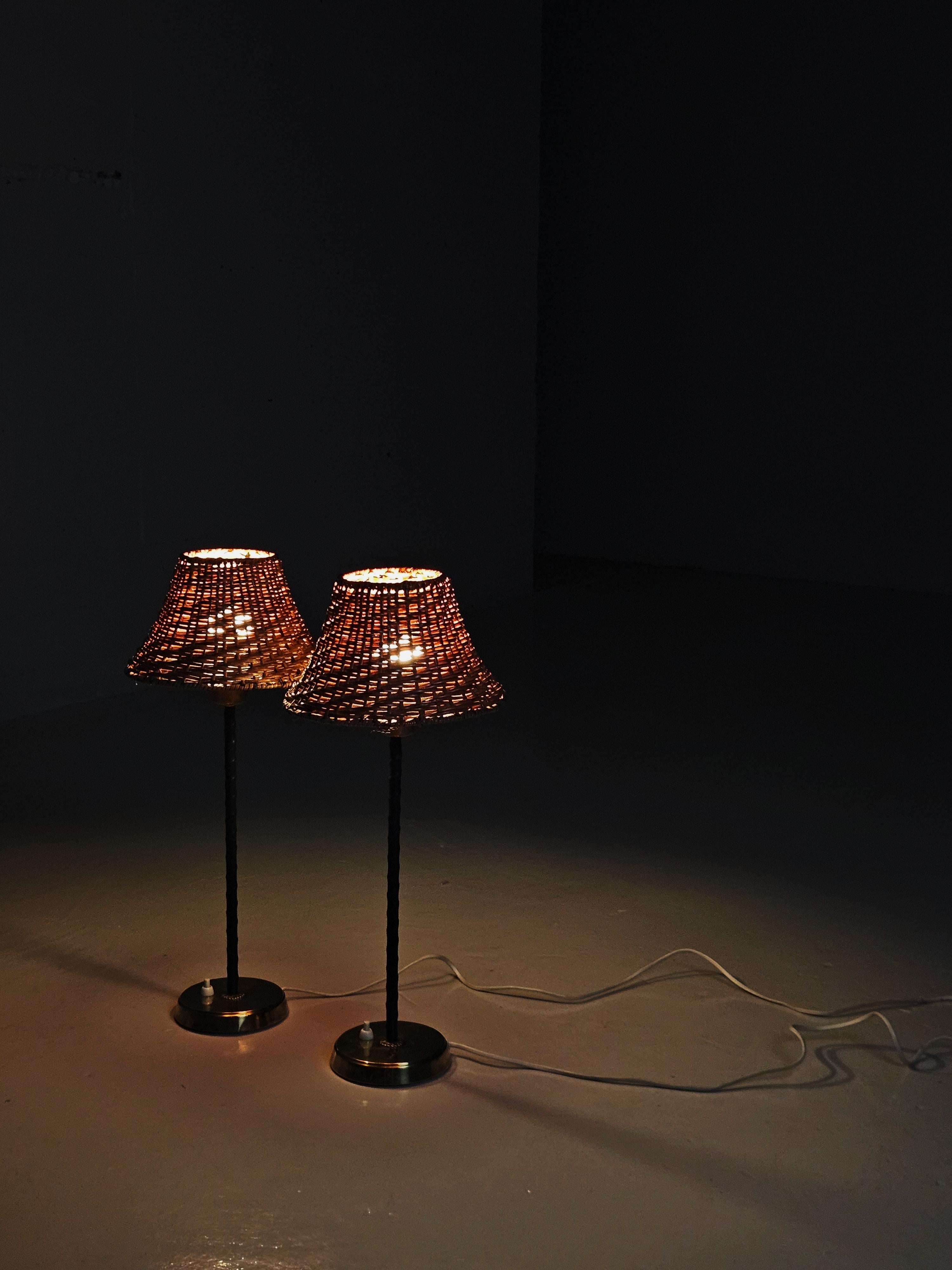 Swedish designer brass and leather table lamps, Falkenberg, 1960s For Sale 1
