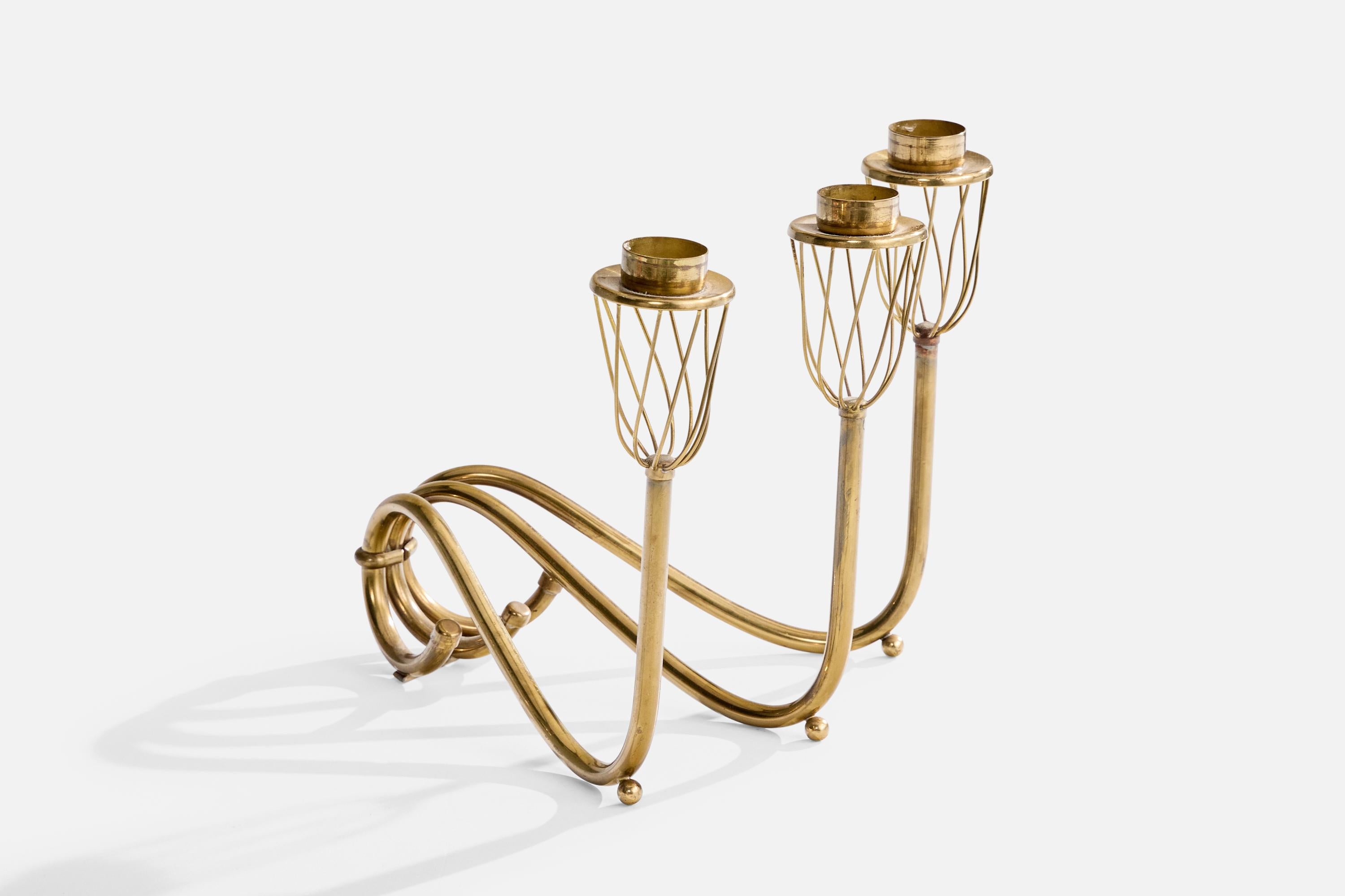 Scandinavian Modern Swedish Designer, Candelabra, Brass, Sweden, 1940s For Sale