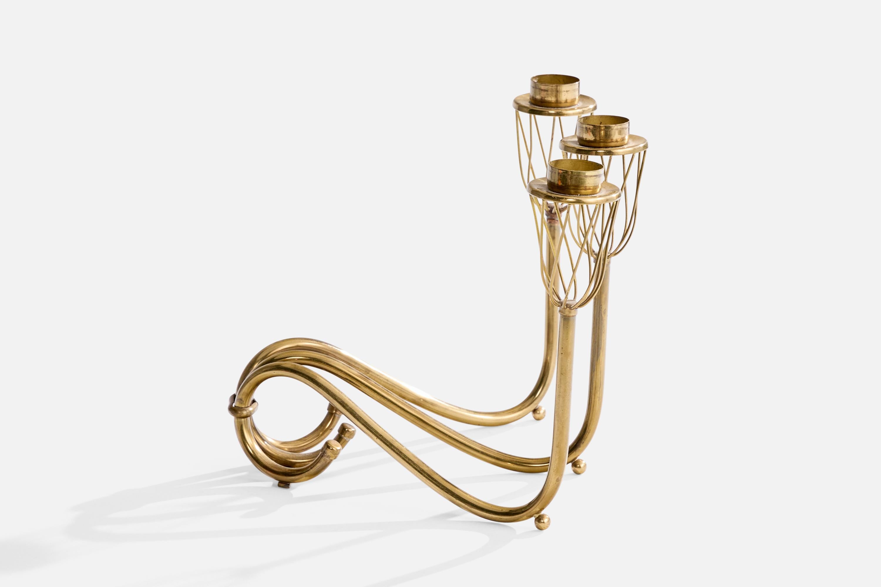Swedish Designer, Candelabra, Brass, Sweden, 1940s In Good Condition For Sale In High Point, NC