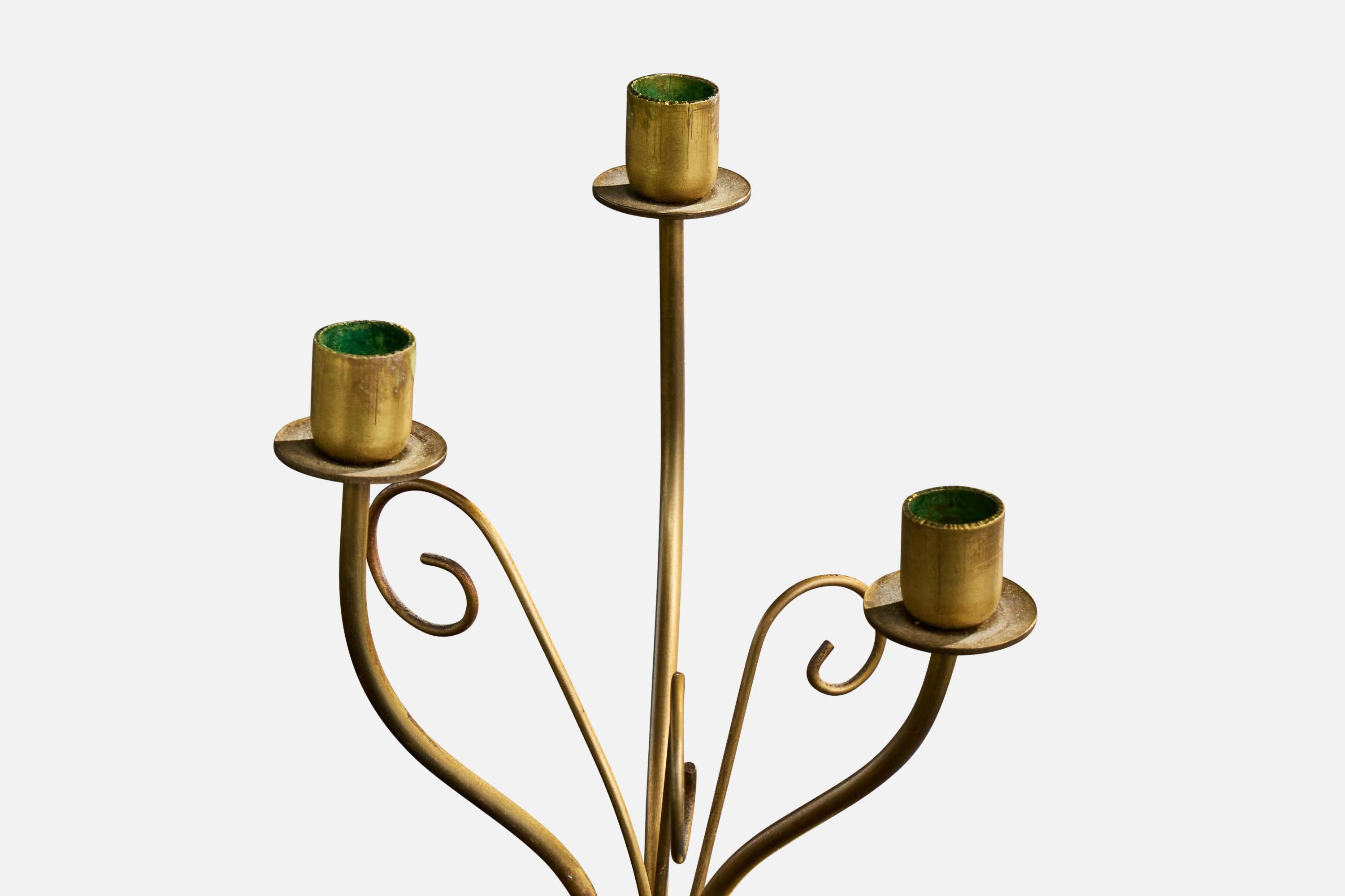 Swedish Designer, Candelabra, Brass, Sweden, 1940s In Good Condition For Sale In High Point, NC