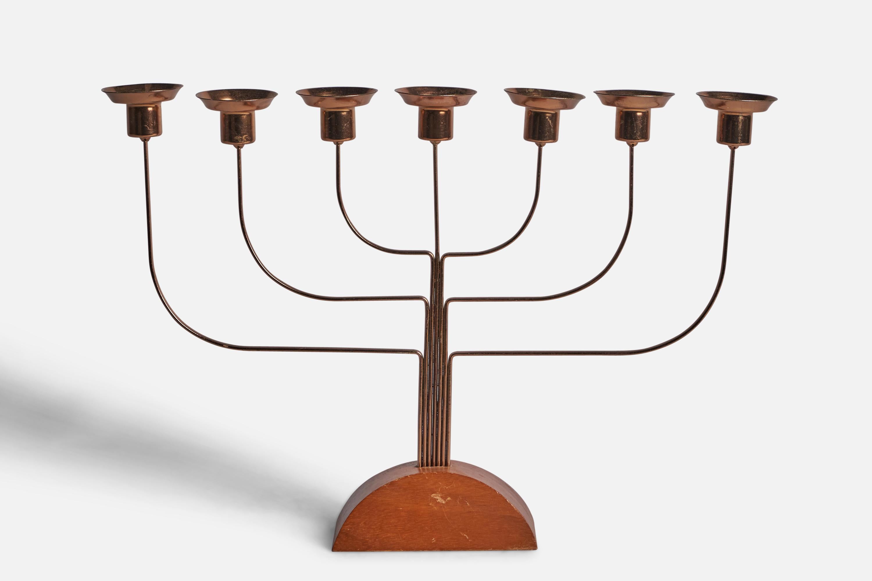 A copper and elm candelabra designed and produced in Sweden, 1940s.

Hold 0.65” diameter candles