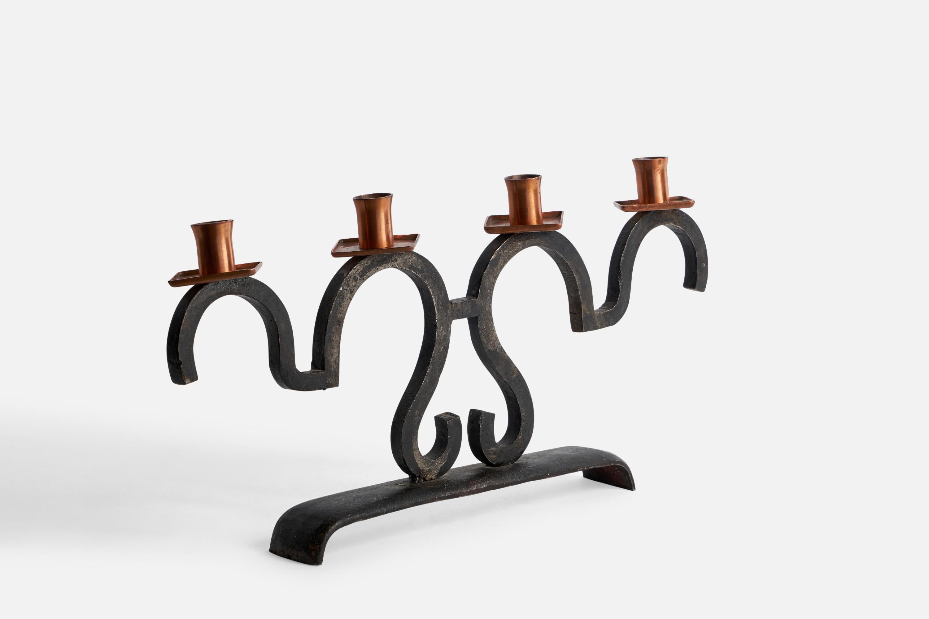 Swedish Designer, Candelabra, Iron, Copper, Sweden, 1940s In Good Condition For Sale In High Point, NC