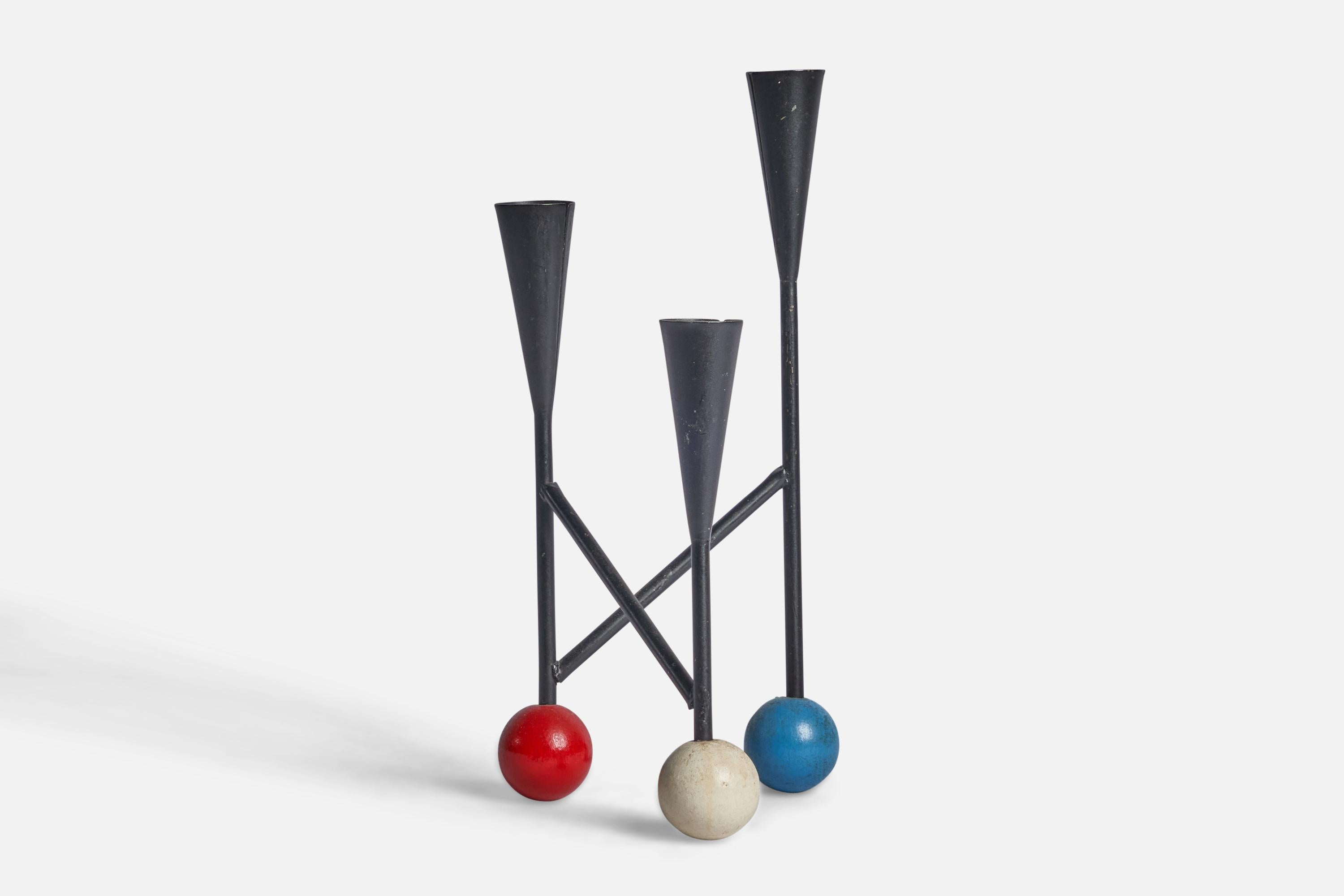 A black-lacquered metal and white, red and blue lacquered wood candelabra designed and produced in Sweden, c. 1950s.
fits 0.8” diameter candles