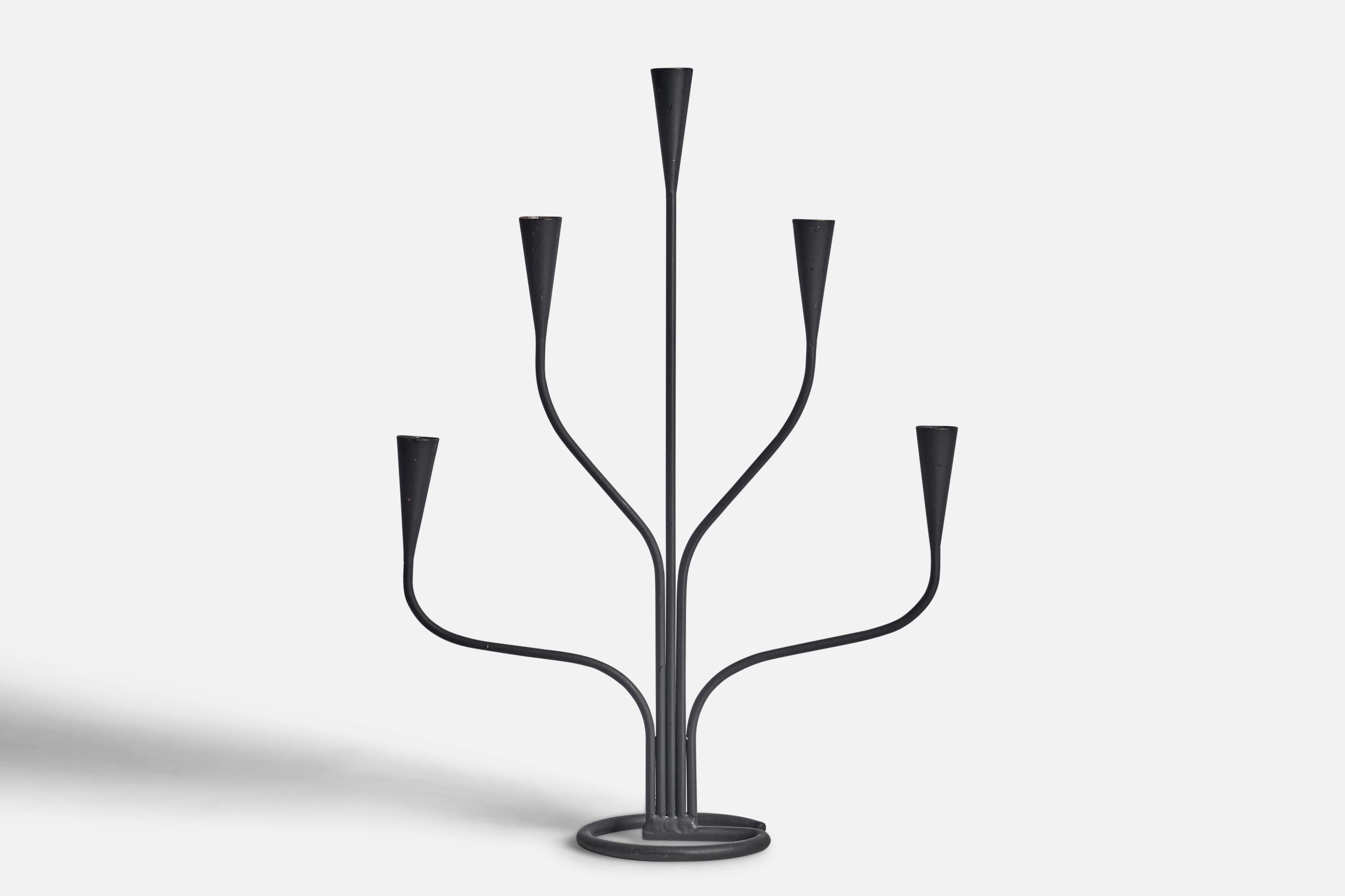 A five-armed black-painted iron candelabra designed and produced in Sweden, c. 1940s.

fits 0.8” diameter candles