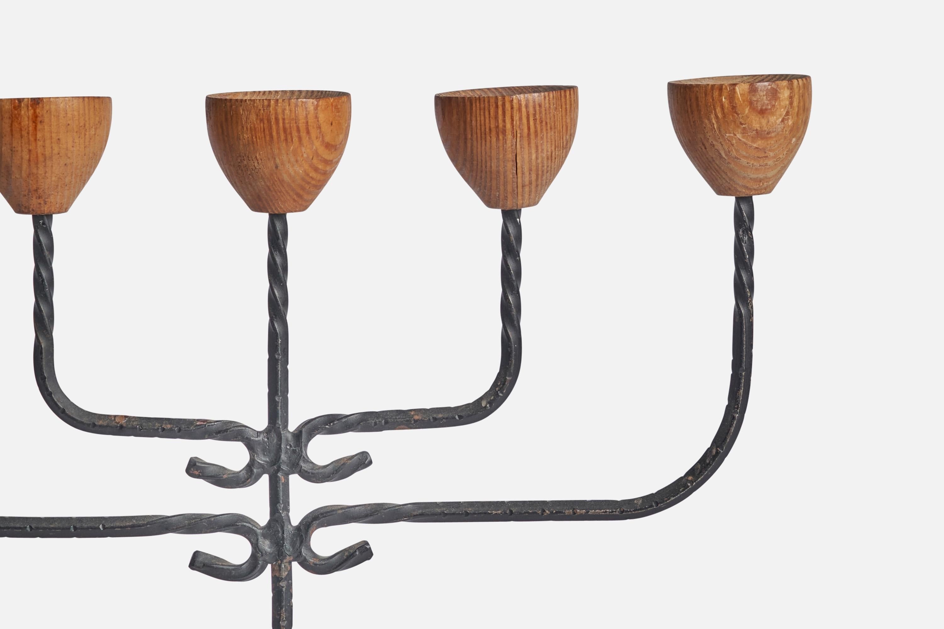 Swedish Designer, Candelabra, Wrought Iron, Oak, Sweden, 1960s In Good Condition For Sale In High Point, NC