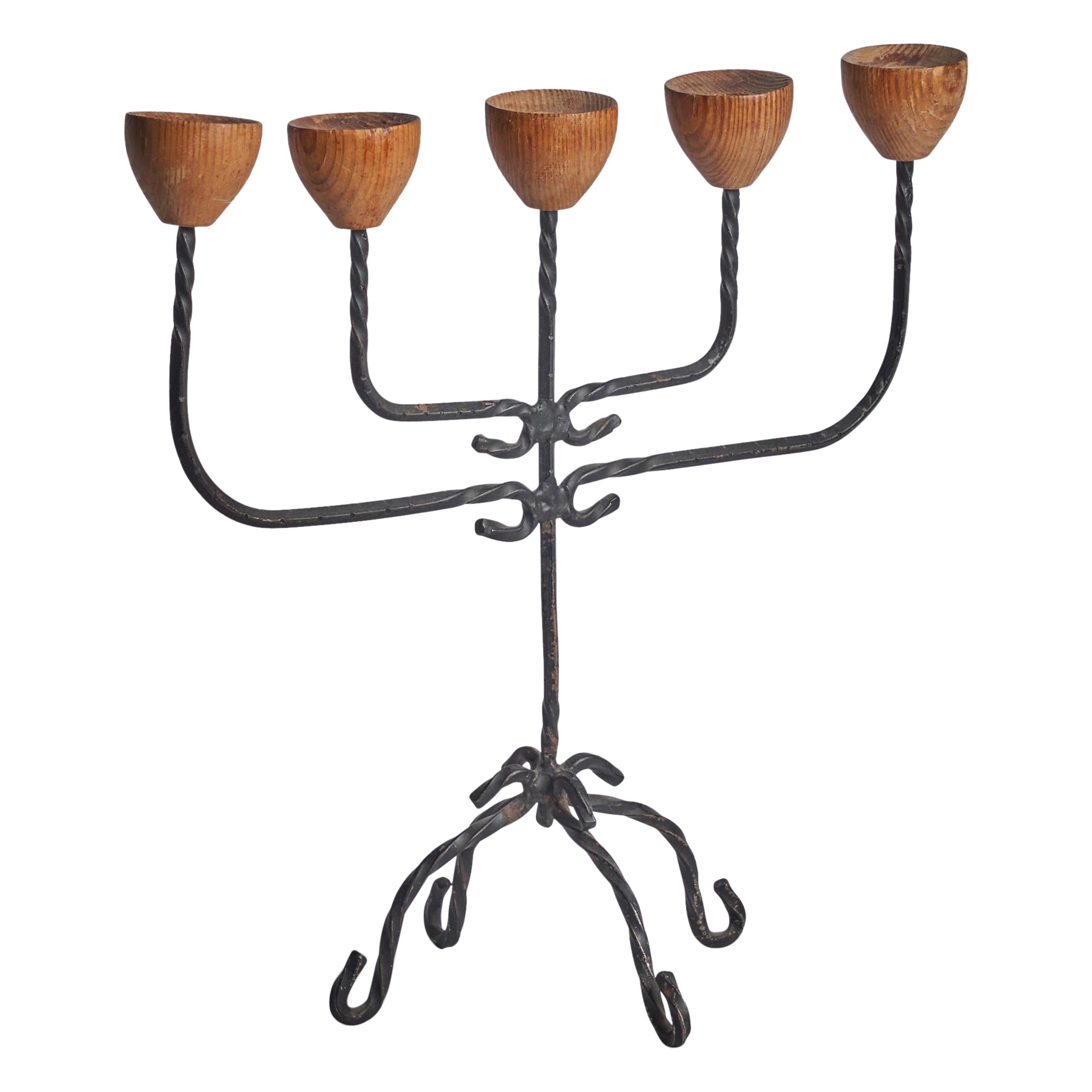 Swedish Designer, Candelabra, Wrought Iron, Oak, Sweden, 1960s