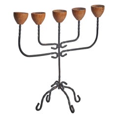 Swedish Designer, Candelabra, Wrought Iron, Oak, Sweden, 1960s