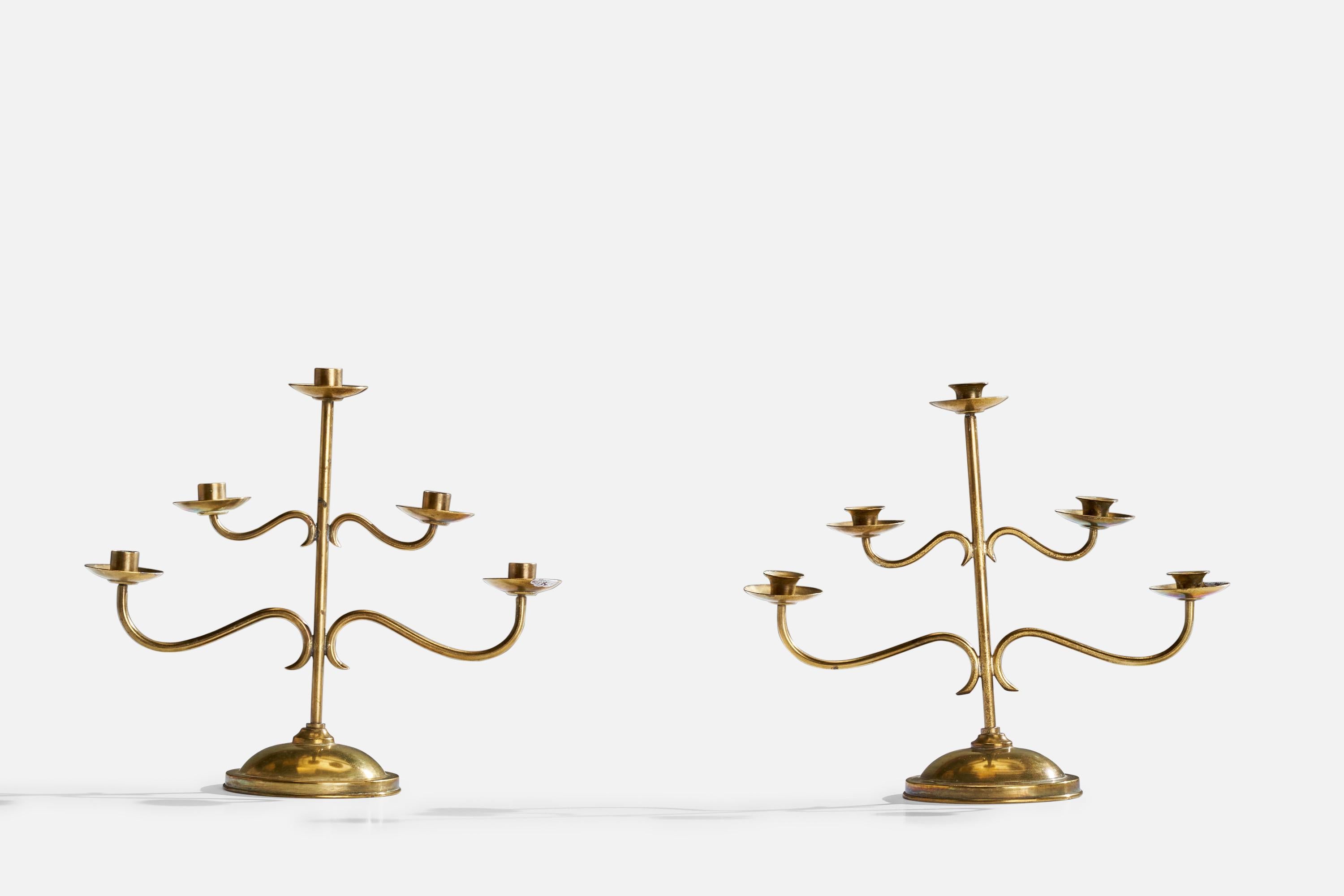 Scandinavian Modern Swedish Designer, Candelabras, Brass, Sweden, 1940s For Sale