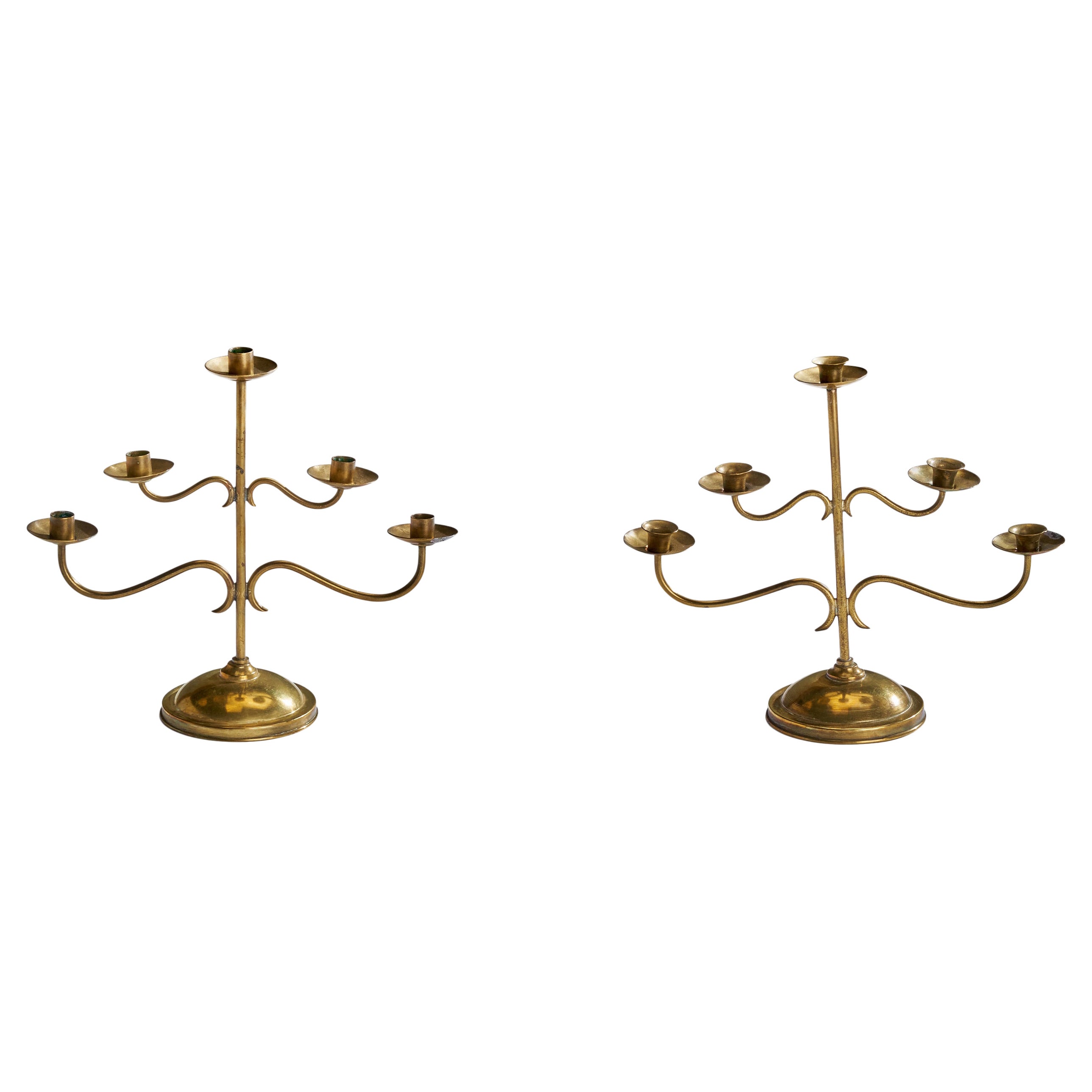 Swedish Designer, Candelabras, Brass, Sweden, 1940s